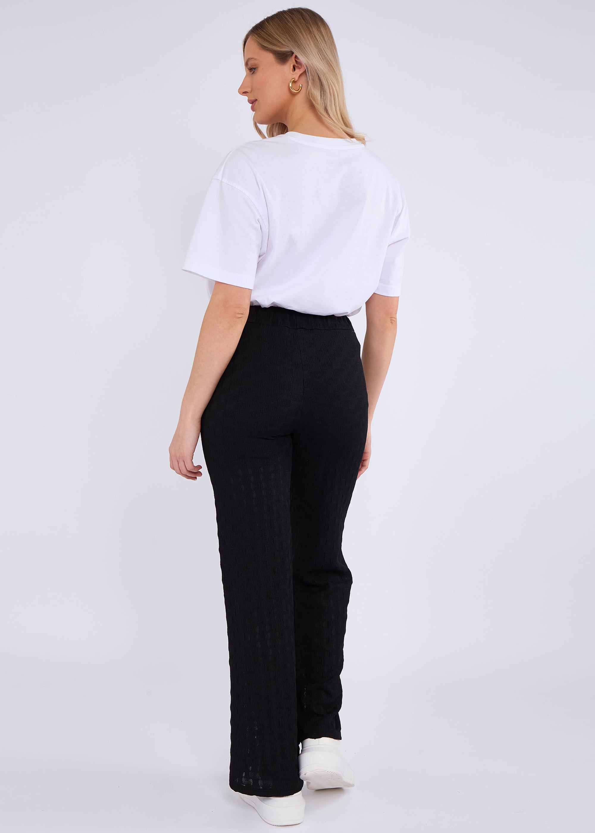 Black Textured Elasticated Waist Flared Trousers