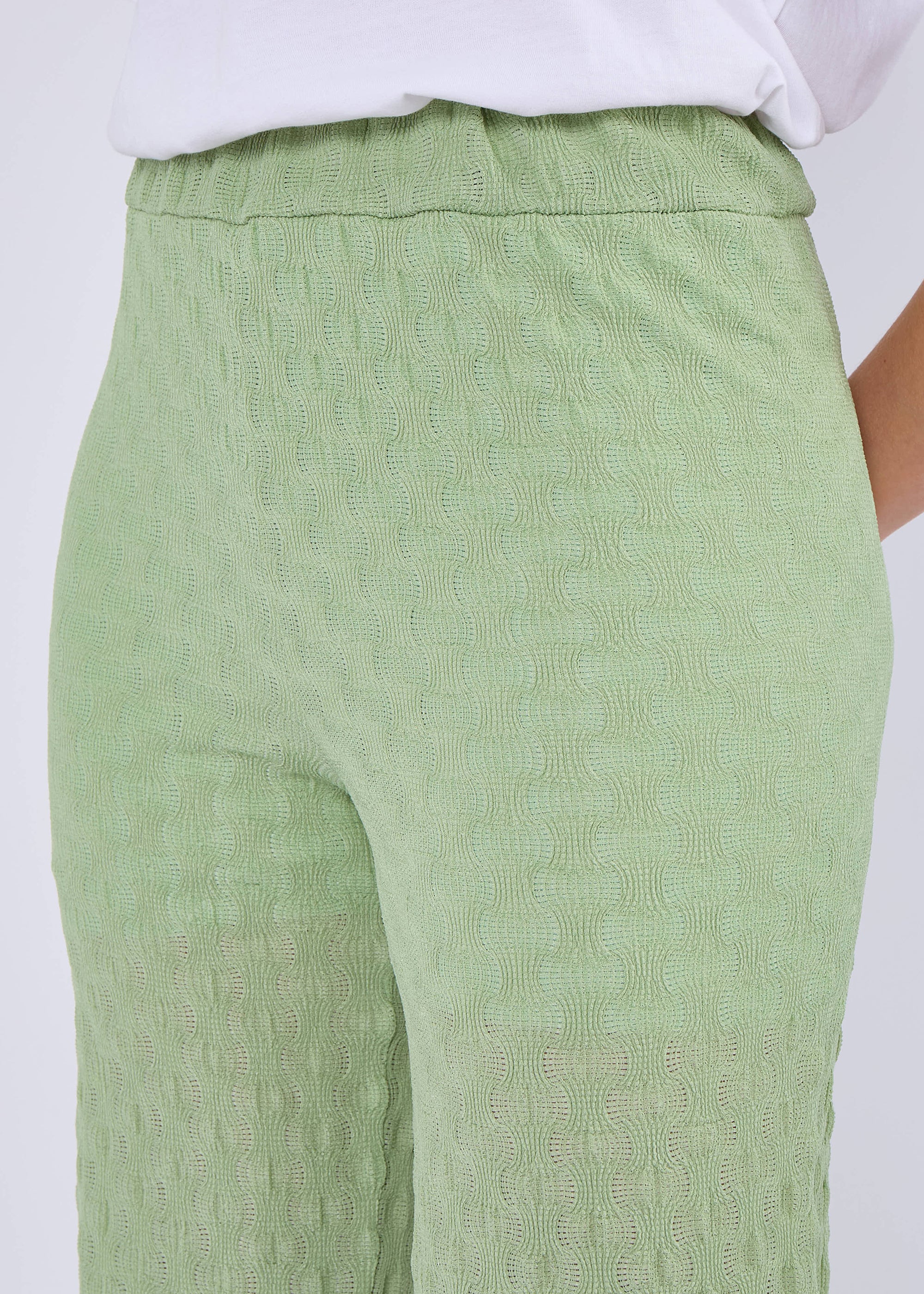 Sage Green Textured Elasticated Waist Flared Trousers