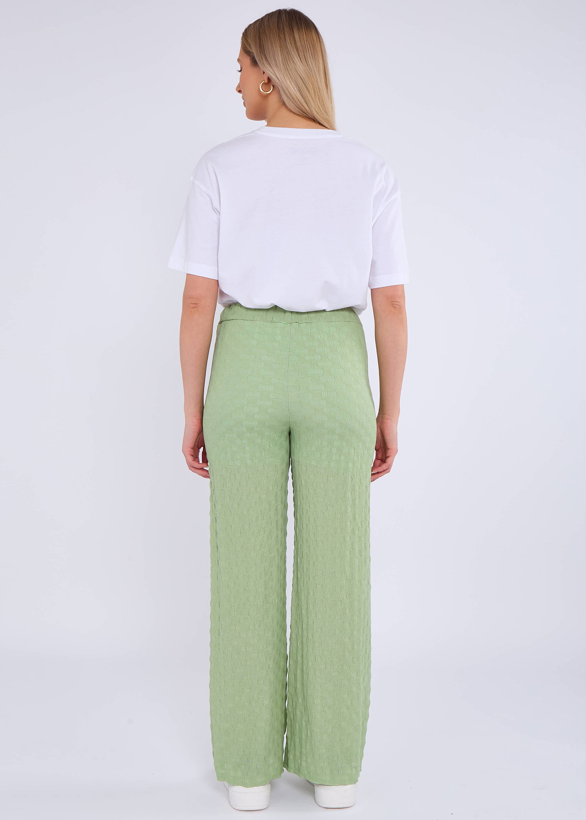 Sage Green Textured Elasticated Waist Flared Trousers