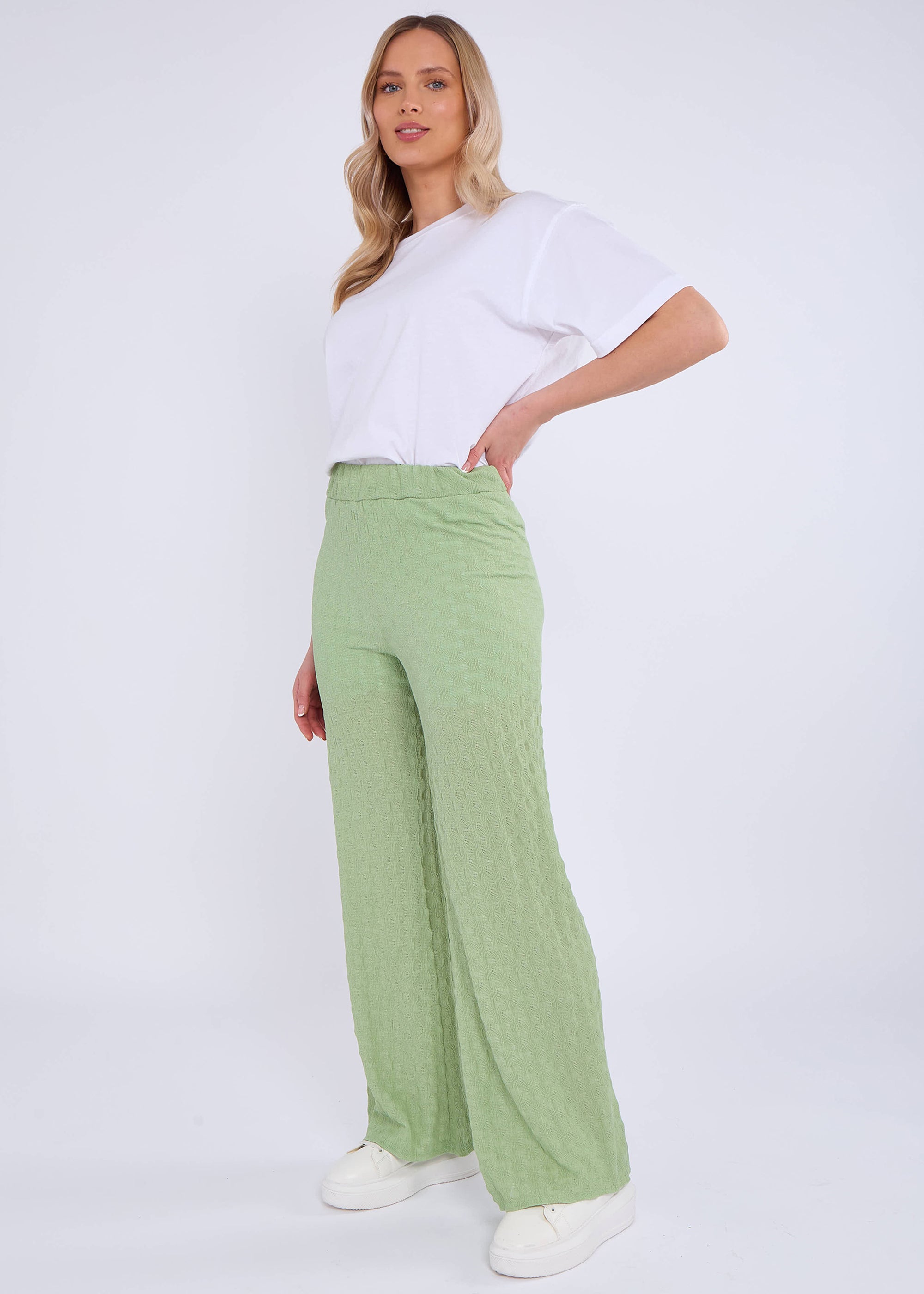 Sage Green Textured Elasticated Waist Flared Trousers