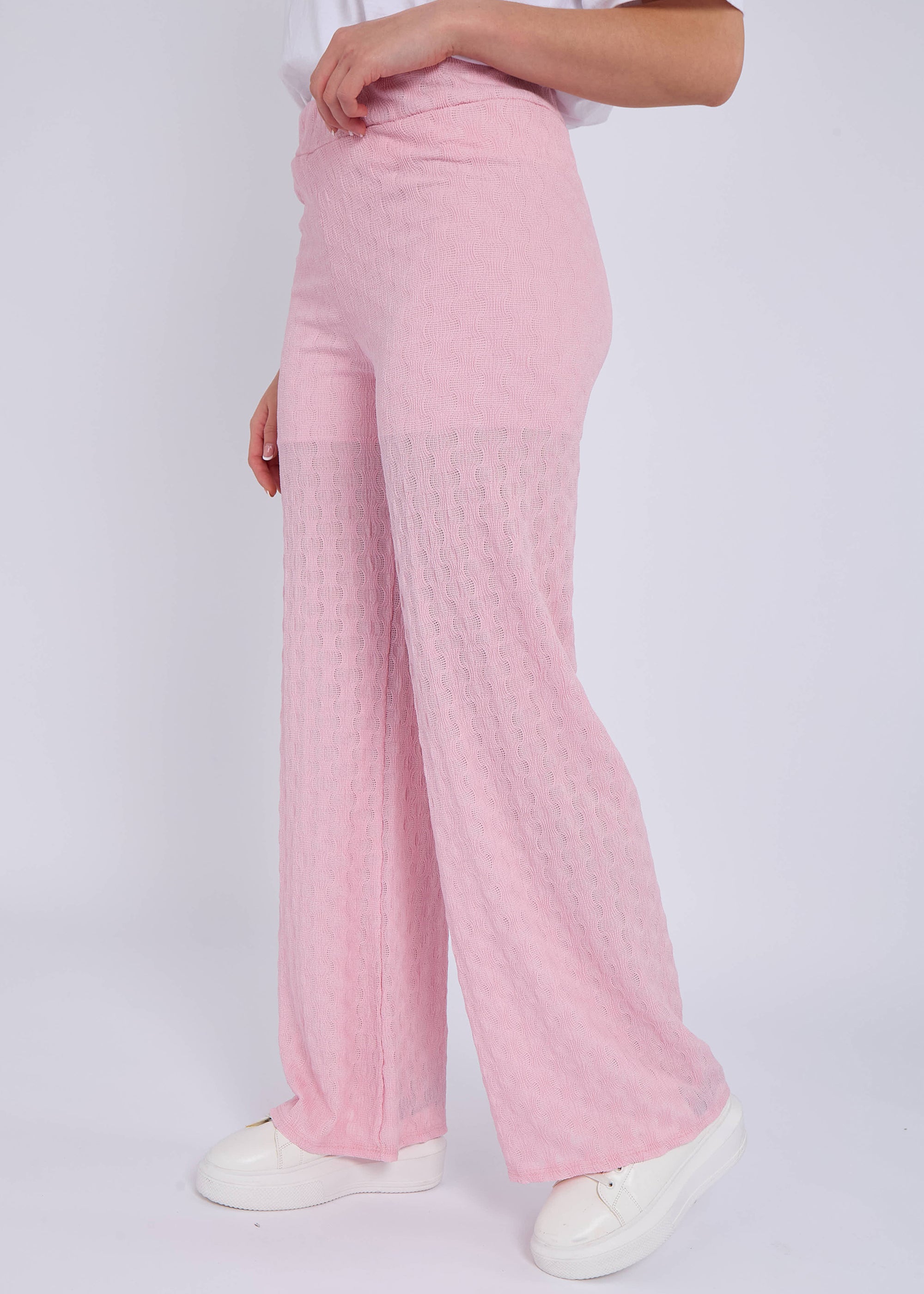 Pink Textured Elasticated Waist Flared Trousers