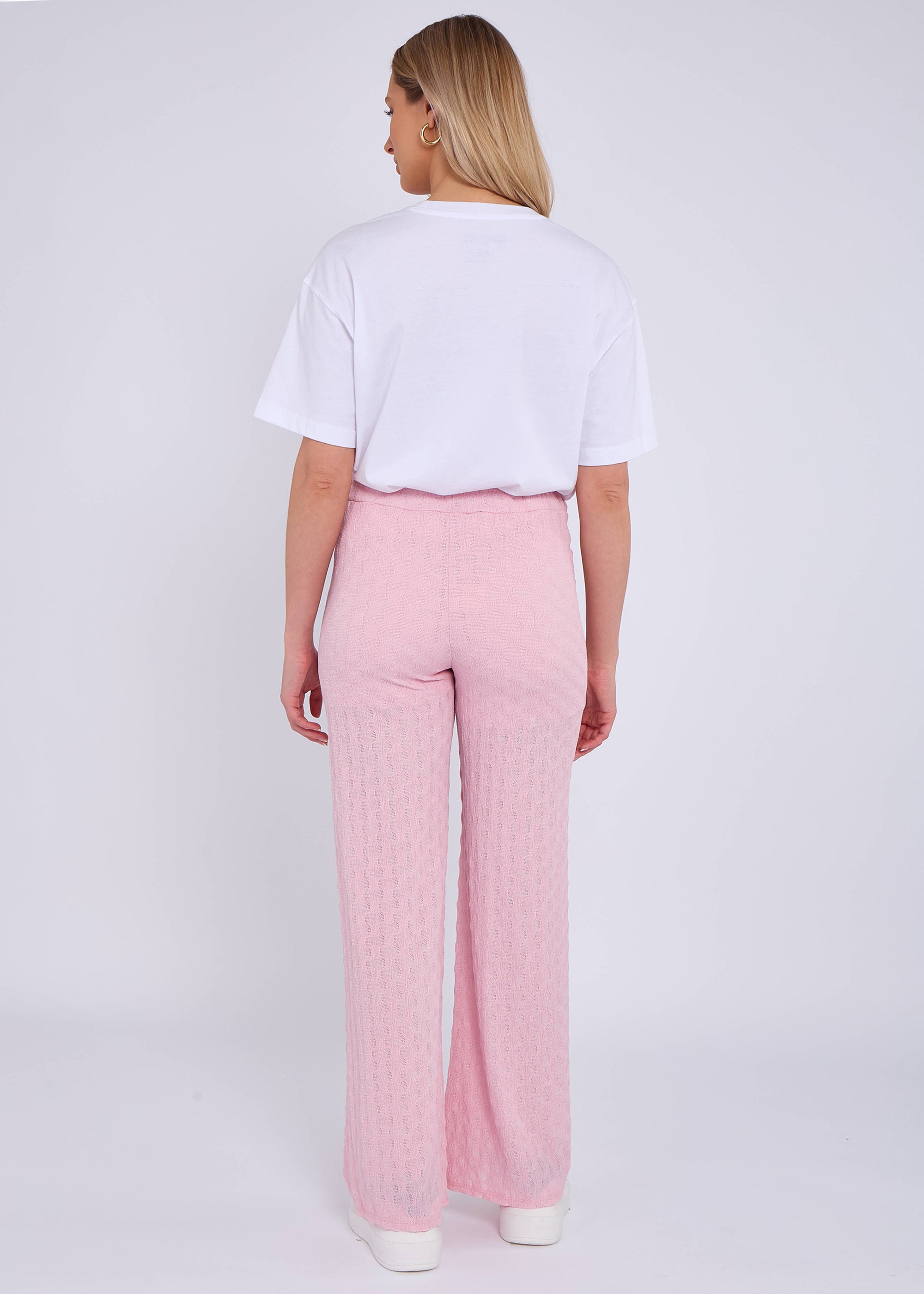Pink Textured Elasticated Waist Flared Trousers