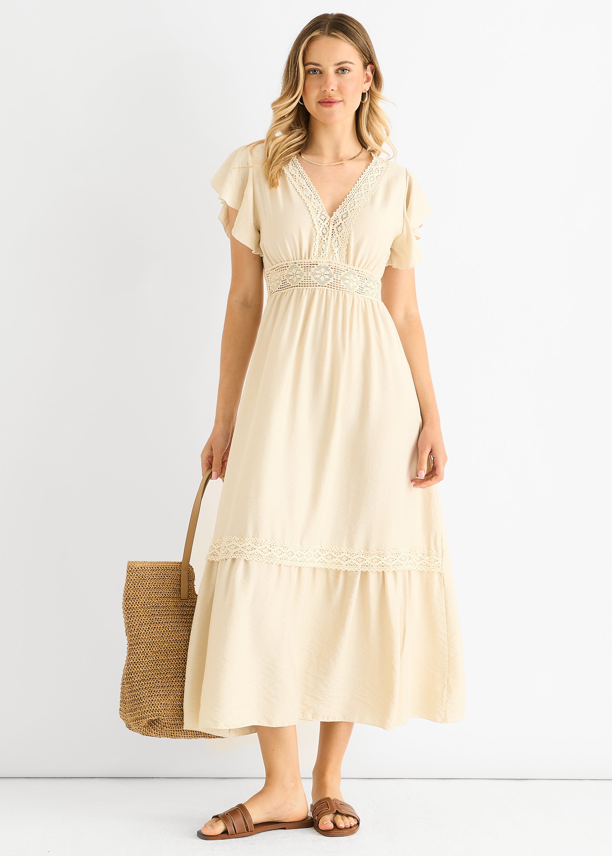 Beige Crochet Lace Panel Elasticated Waist Midi Dress