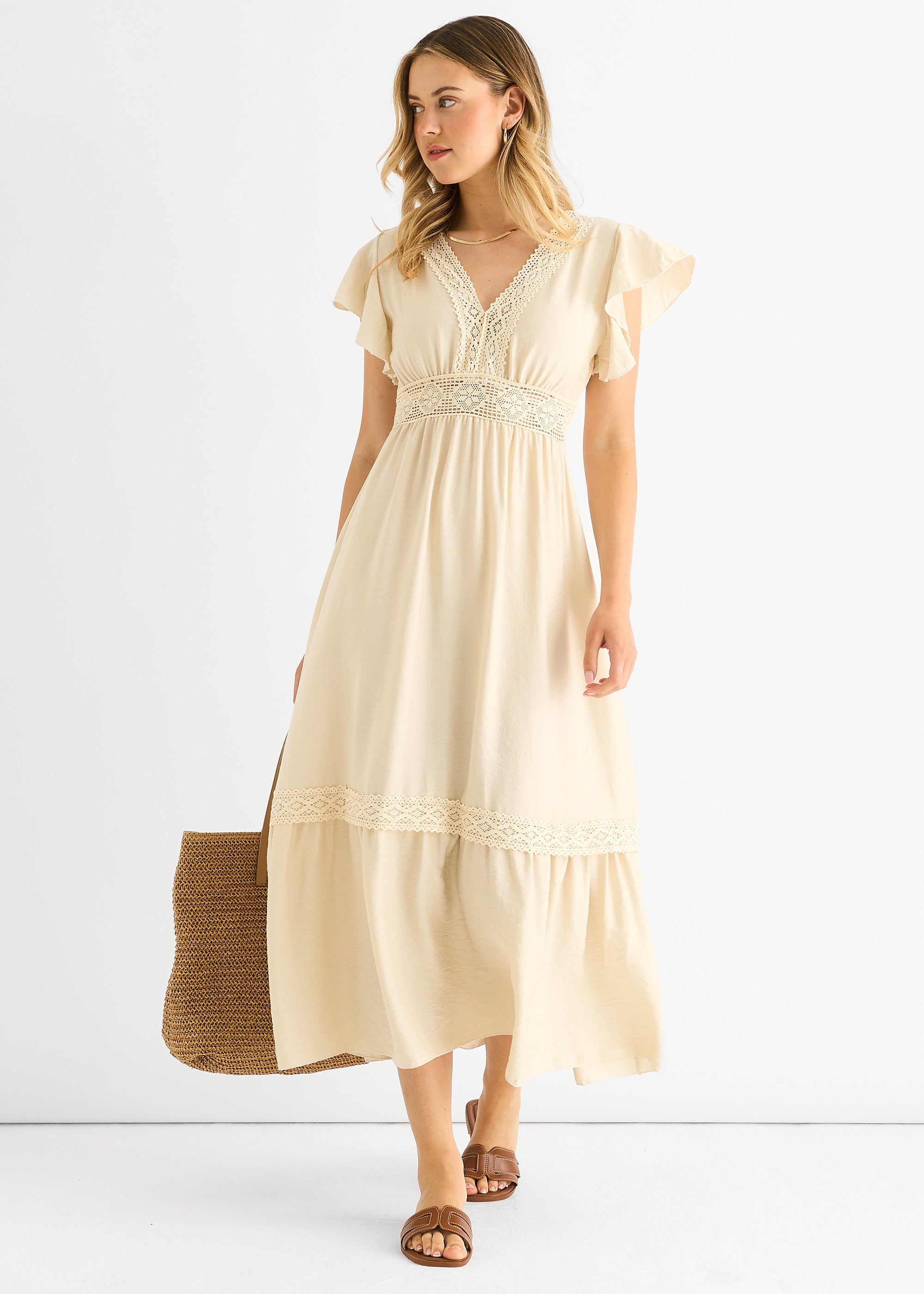 Beige Crochet Lace Panel Elasticated Waist Midi Dress