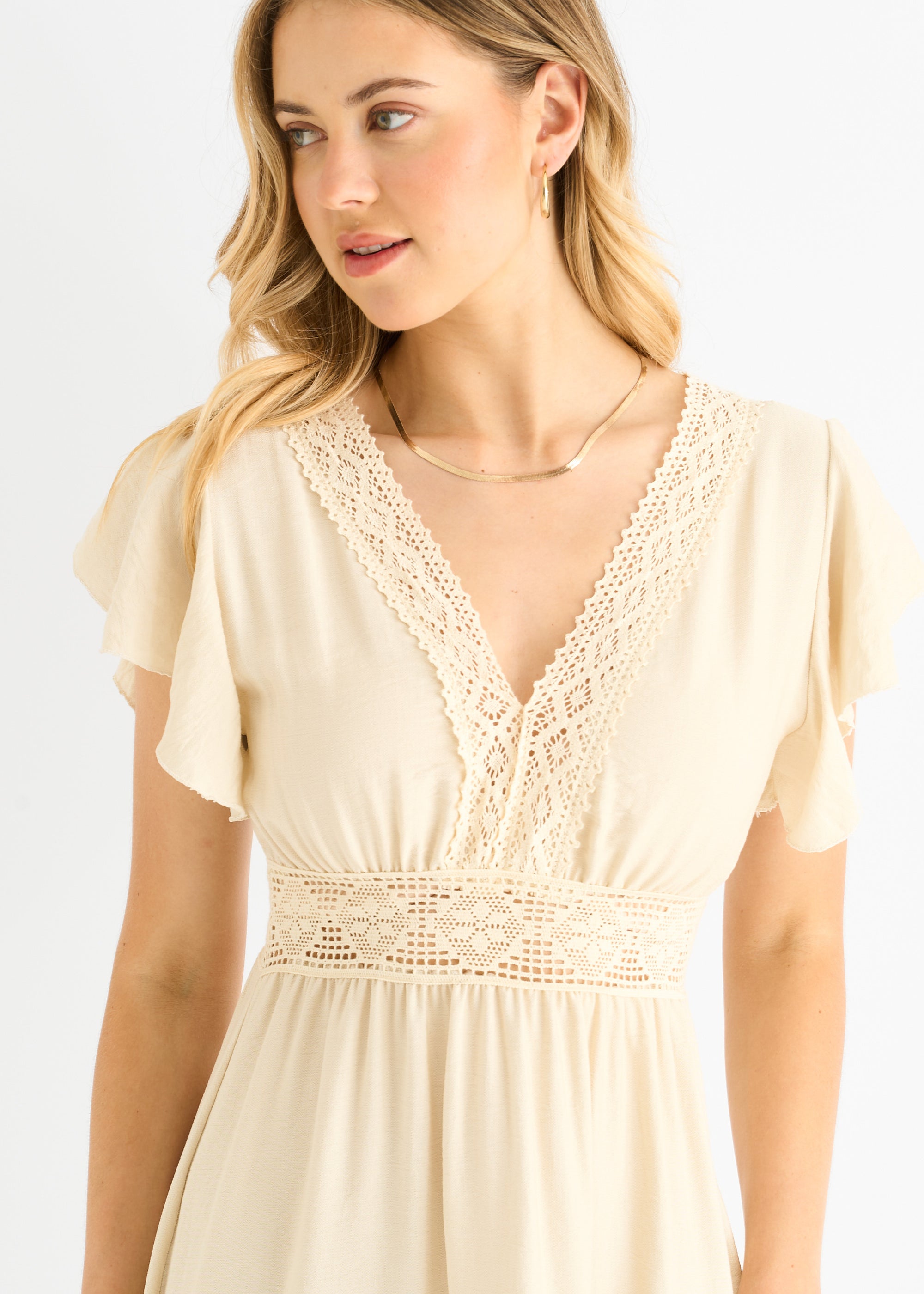 Beige Crochet Lace Panel Elasticated Waist Midi Dress