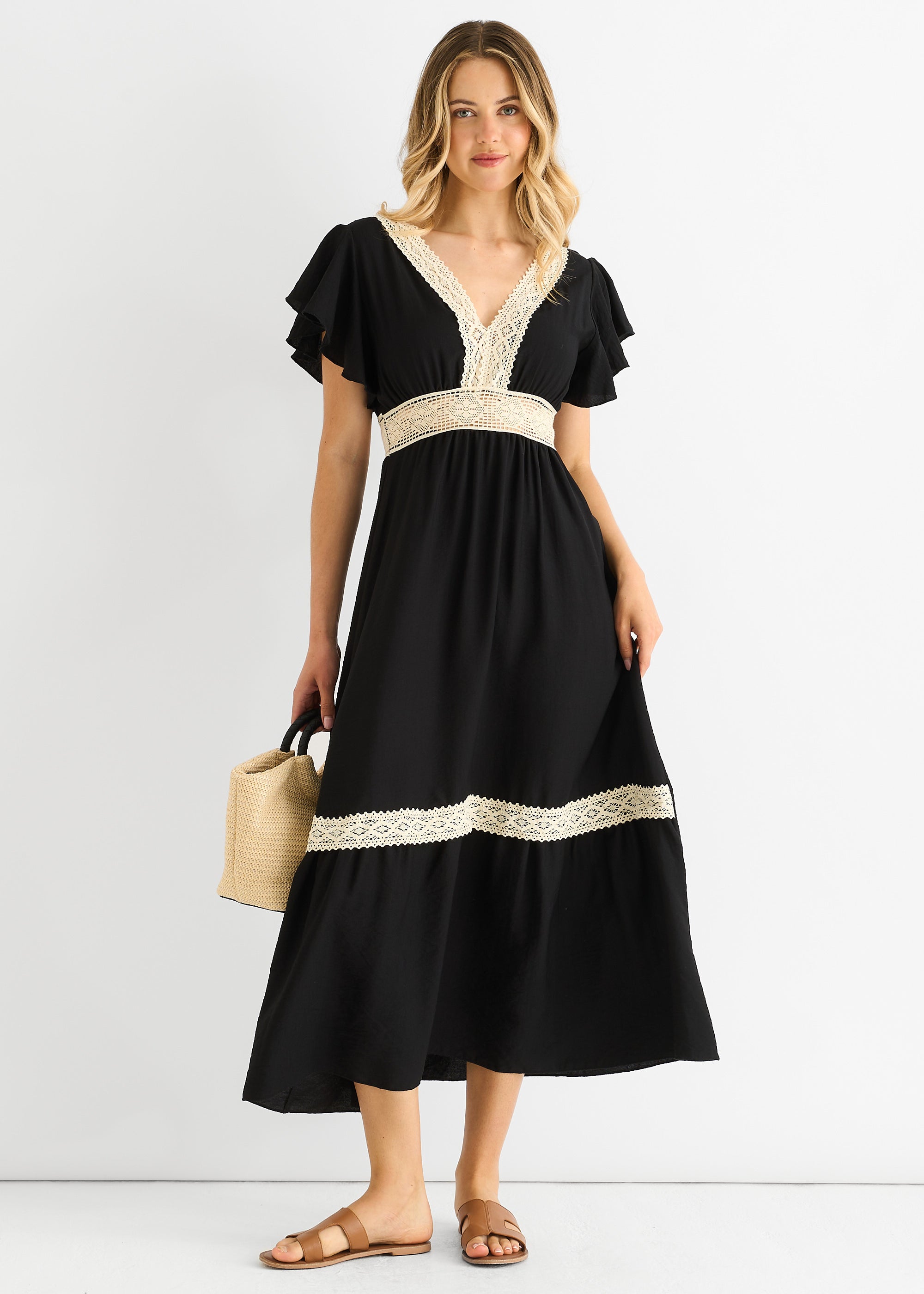 Black Crochet Lace Panel Elasticated Waist Midi Dress