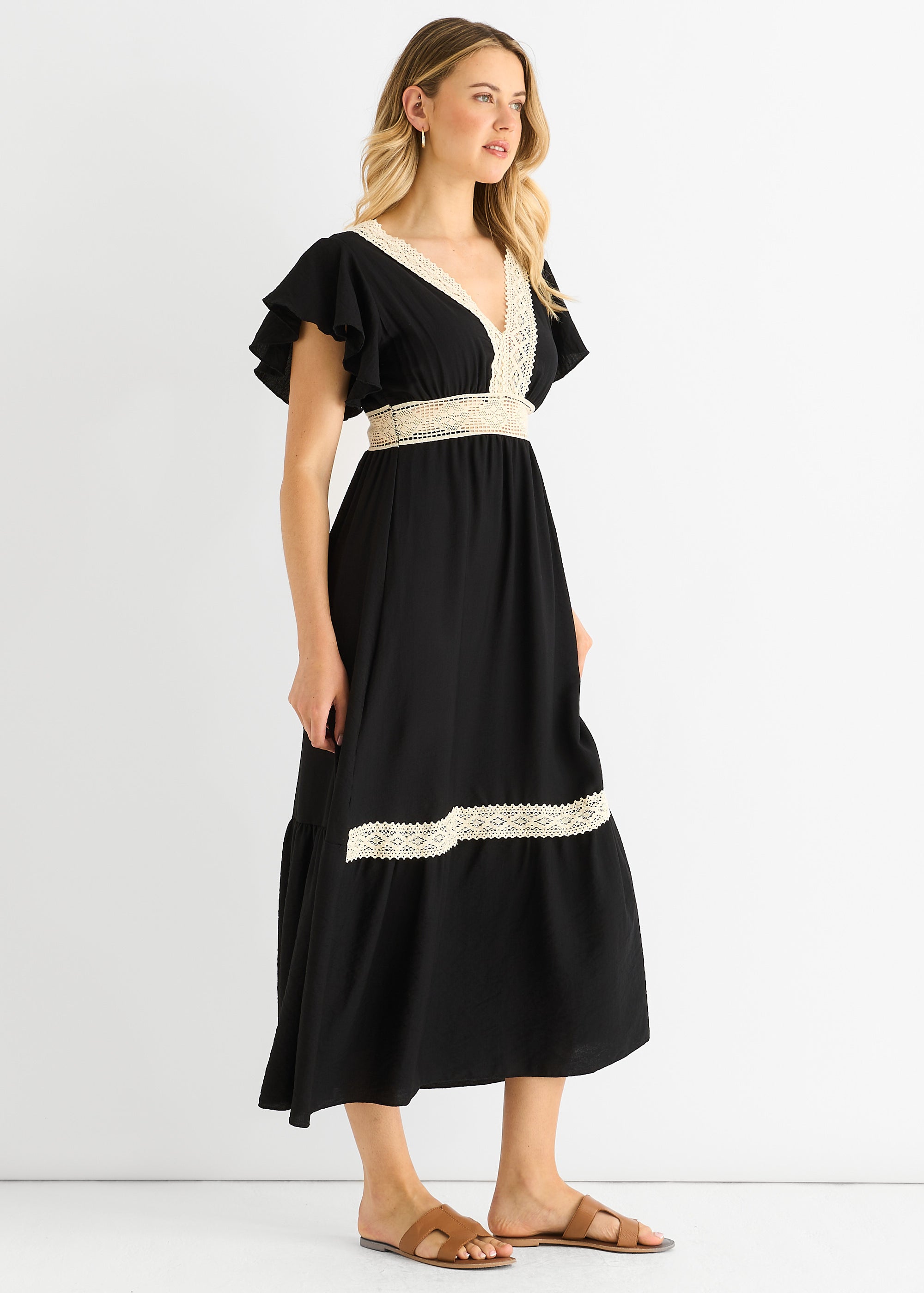 Black Crochet Lace Panel Elasticated Waist Midi Dress