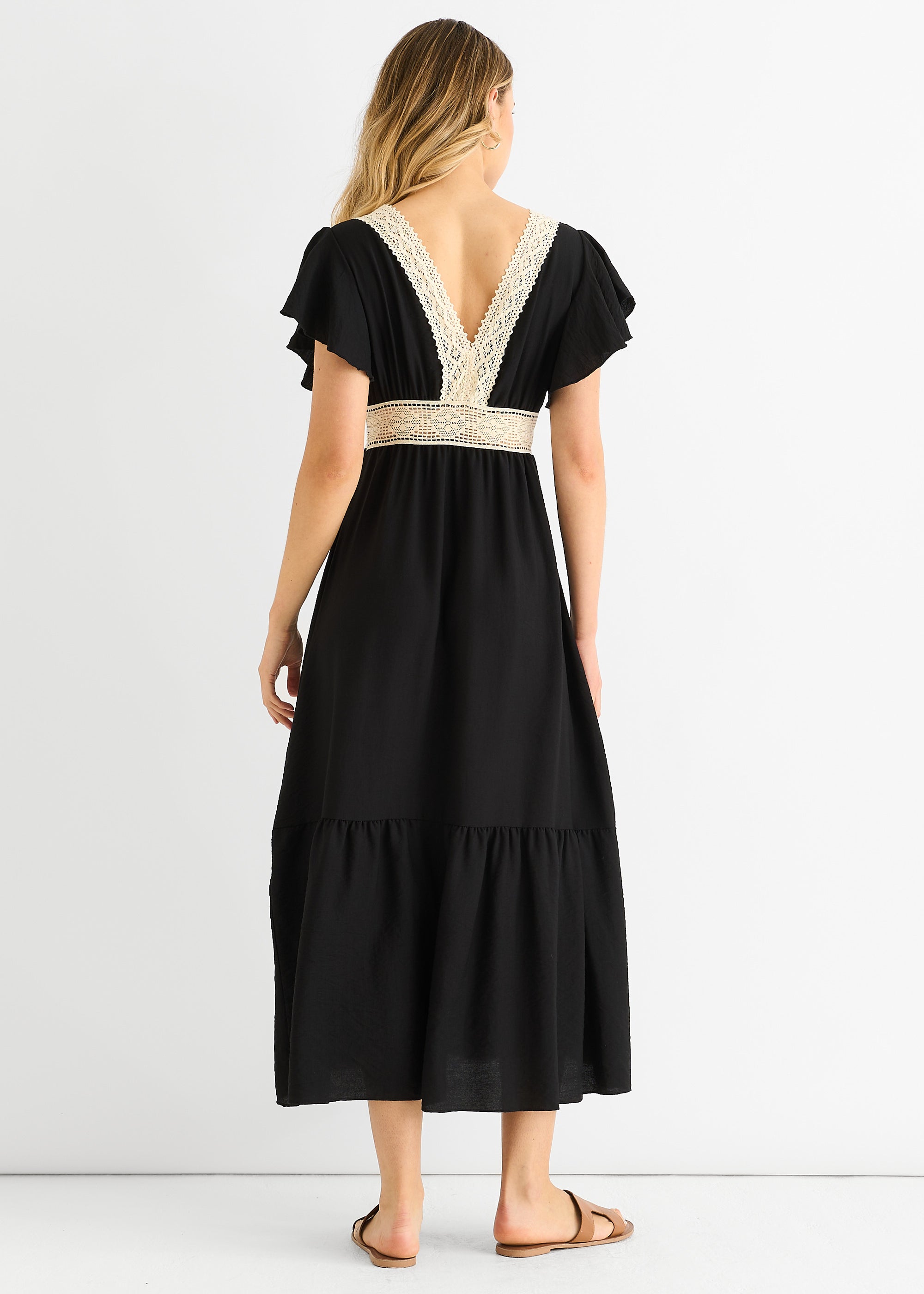 Black Crochet Lace Panel Elasticated Waist Midi Dress