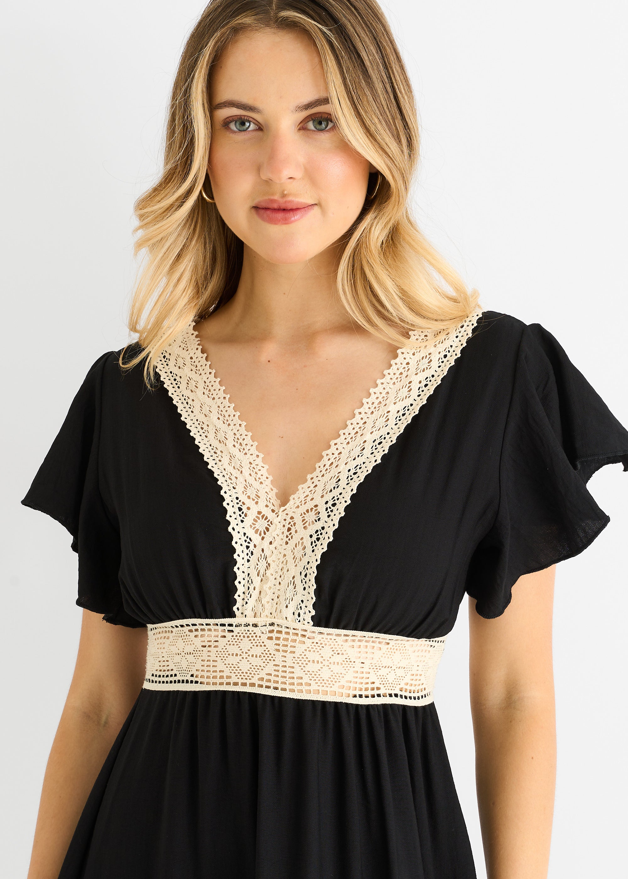 Black Crochet Lace Panel Elasticated Waist Midi Dress