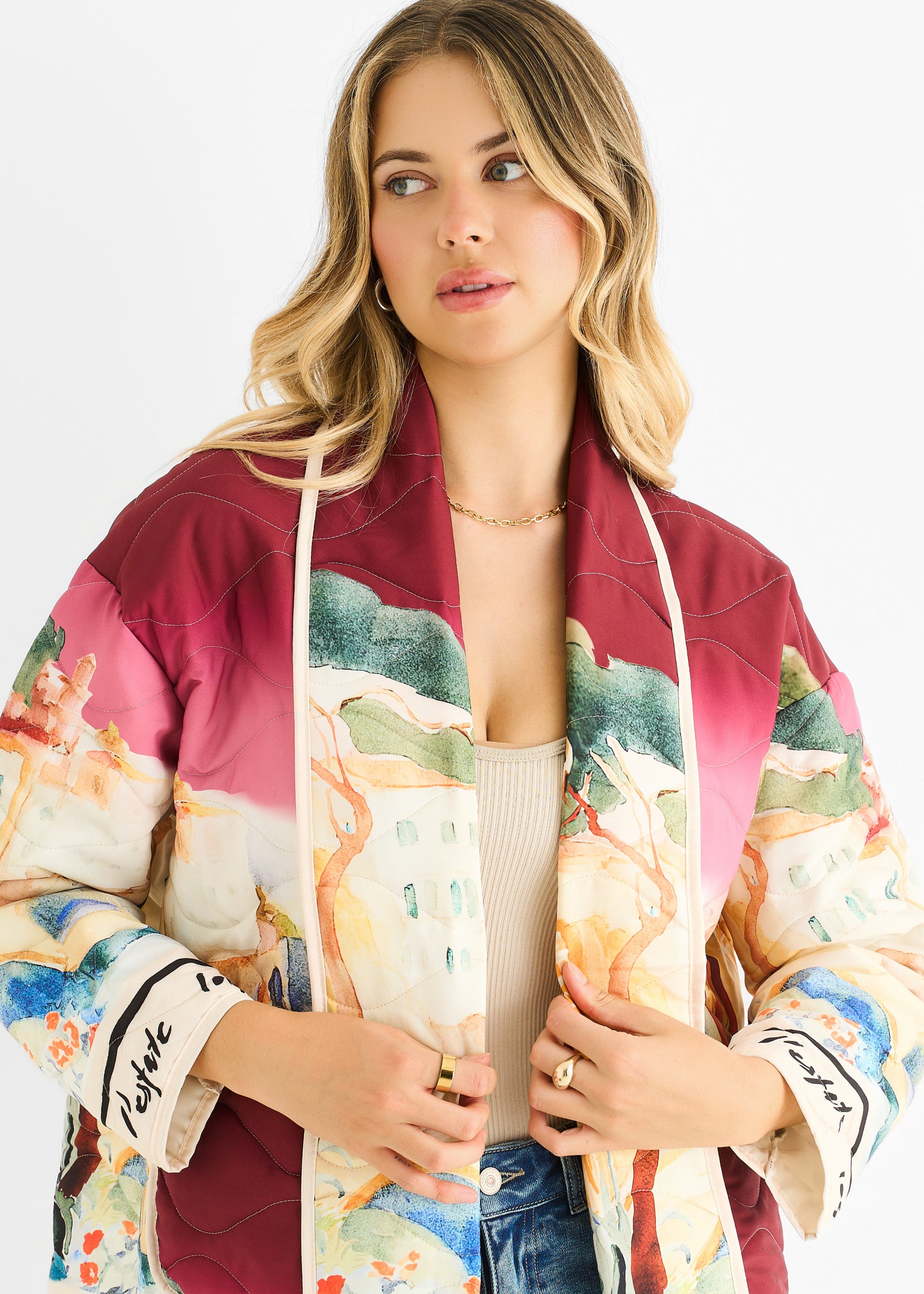 Burgundy Water Print Lightweight Quilted  Jacket