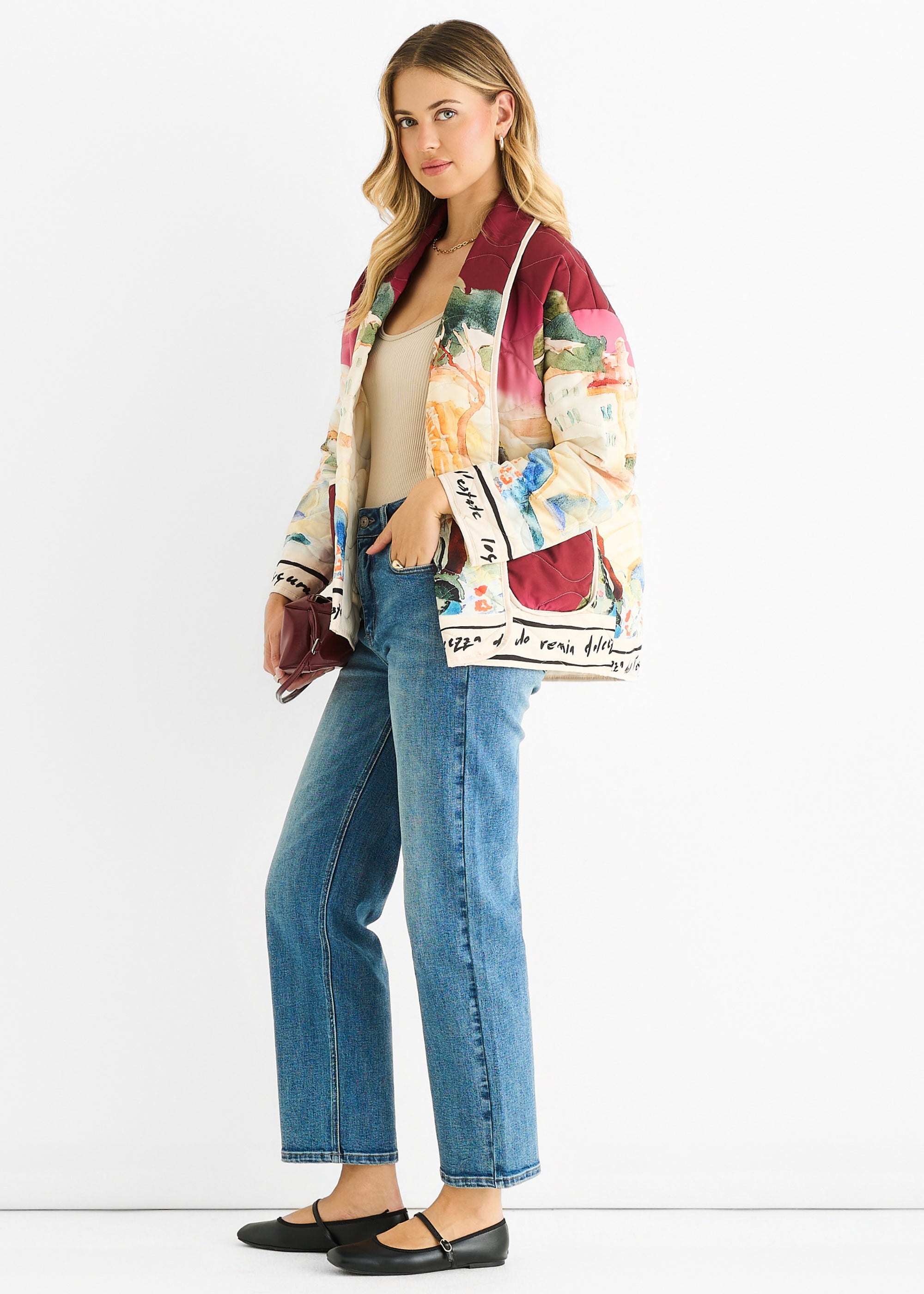 Burgundy Water Print Lightweight Quilted  Jacket