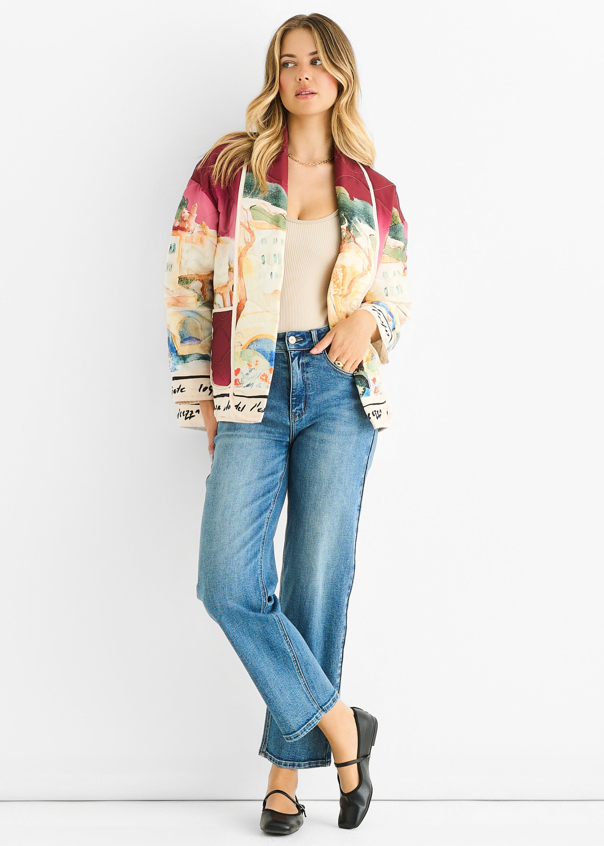Burgundy Water Print Lightweight Quilted  Jacket