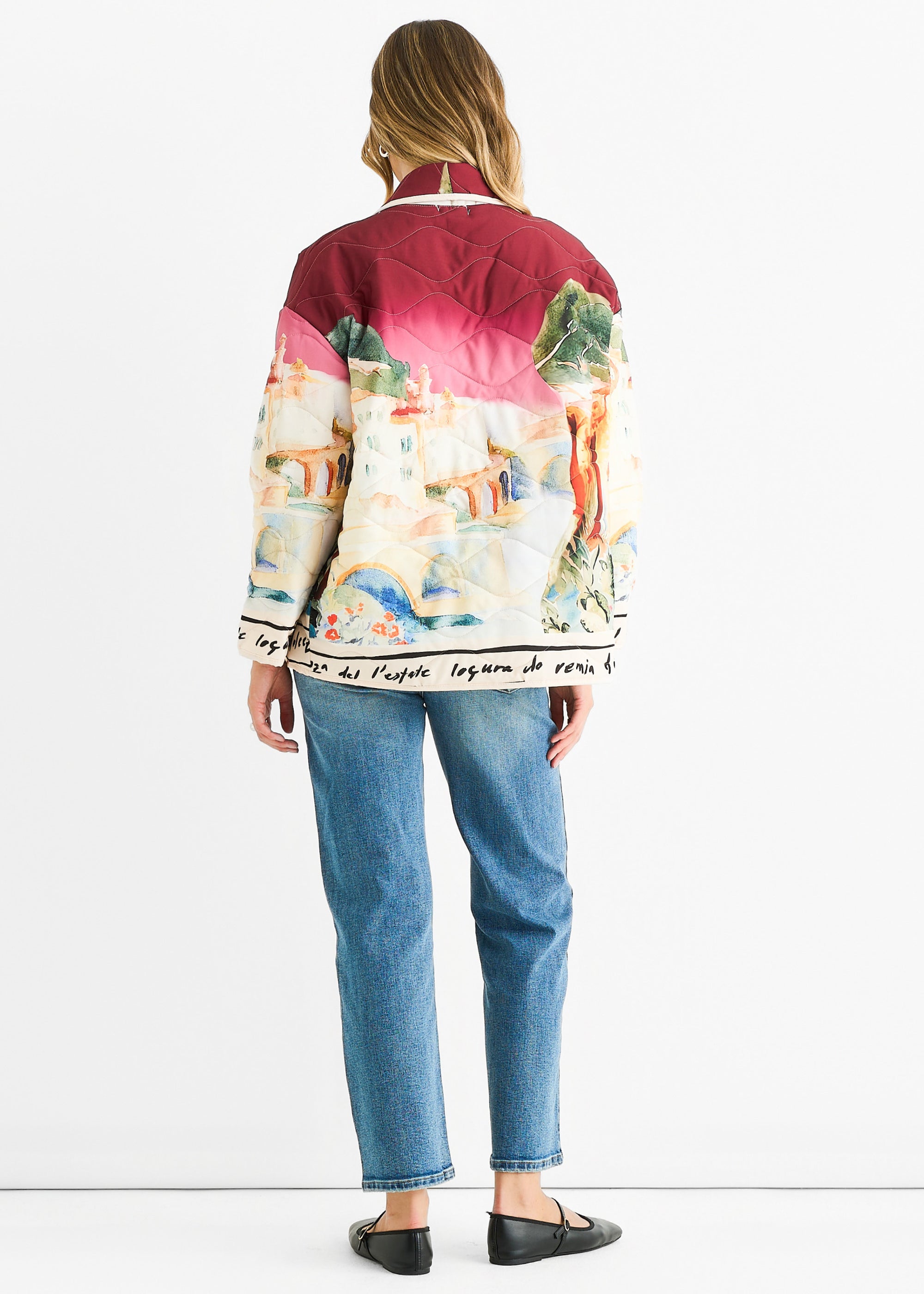 Burgundy Water Print Lightweight Quilted  Jacket