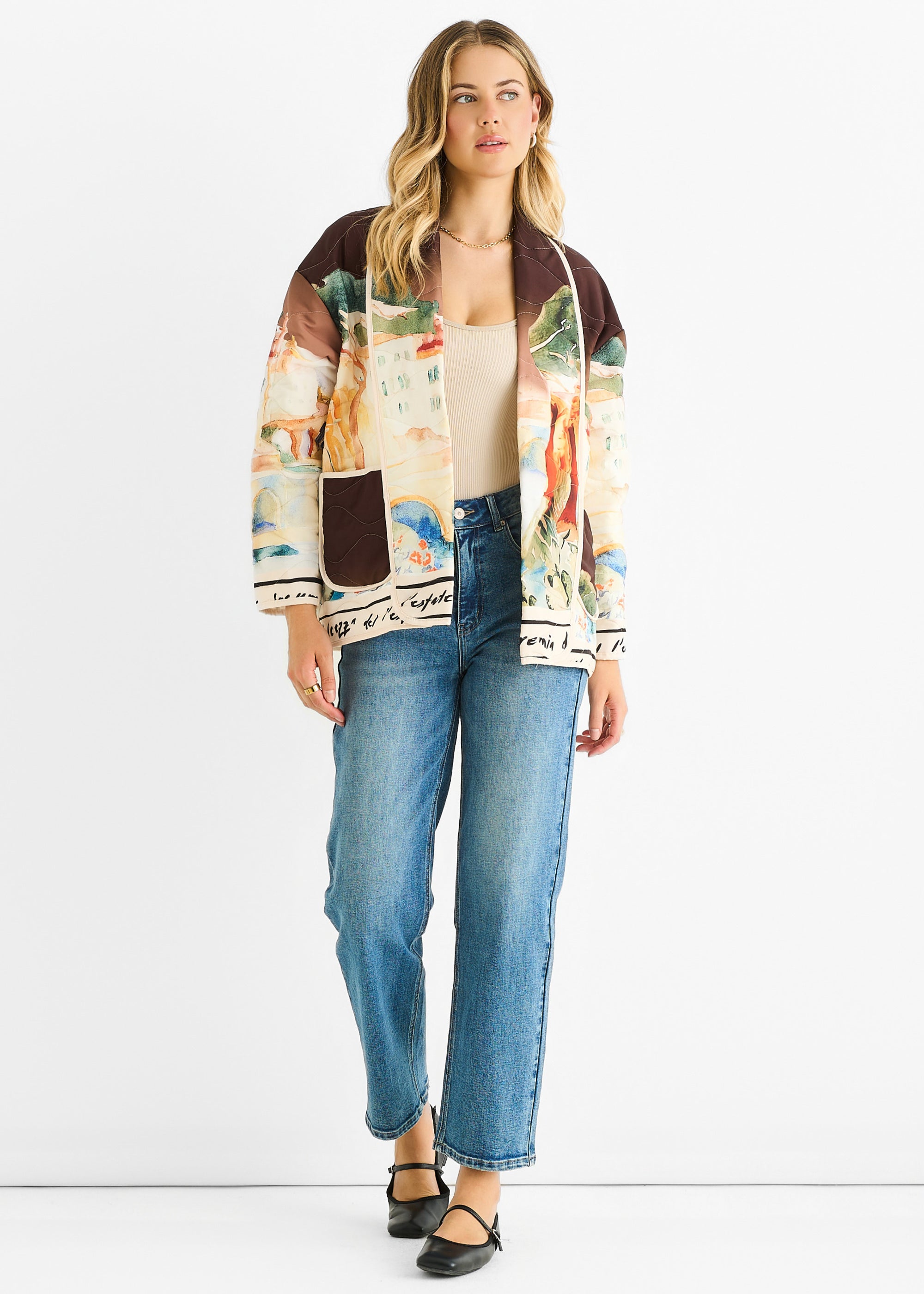 Chocolate Water Print Lightweight Quilted  Jacket