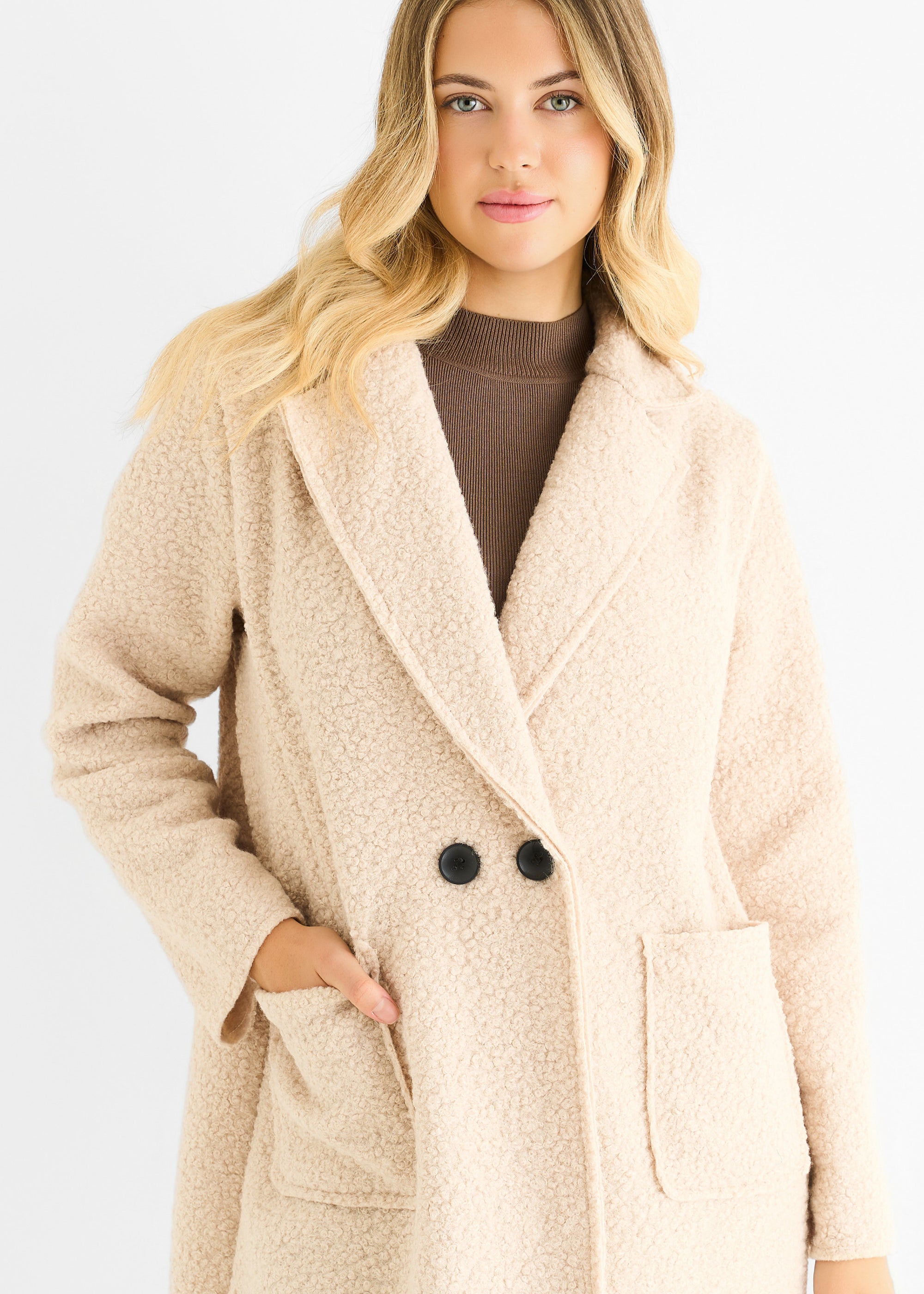 Beige Shearling Mid Length Double Breasted Jacket