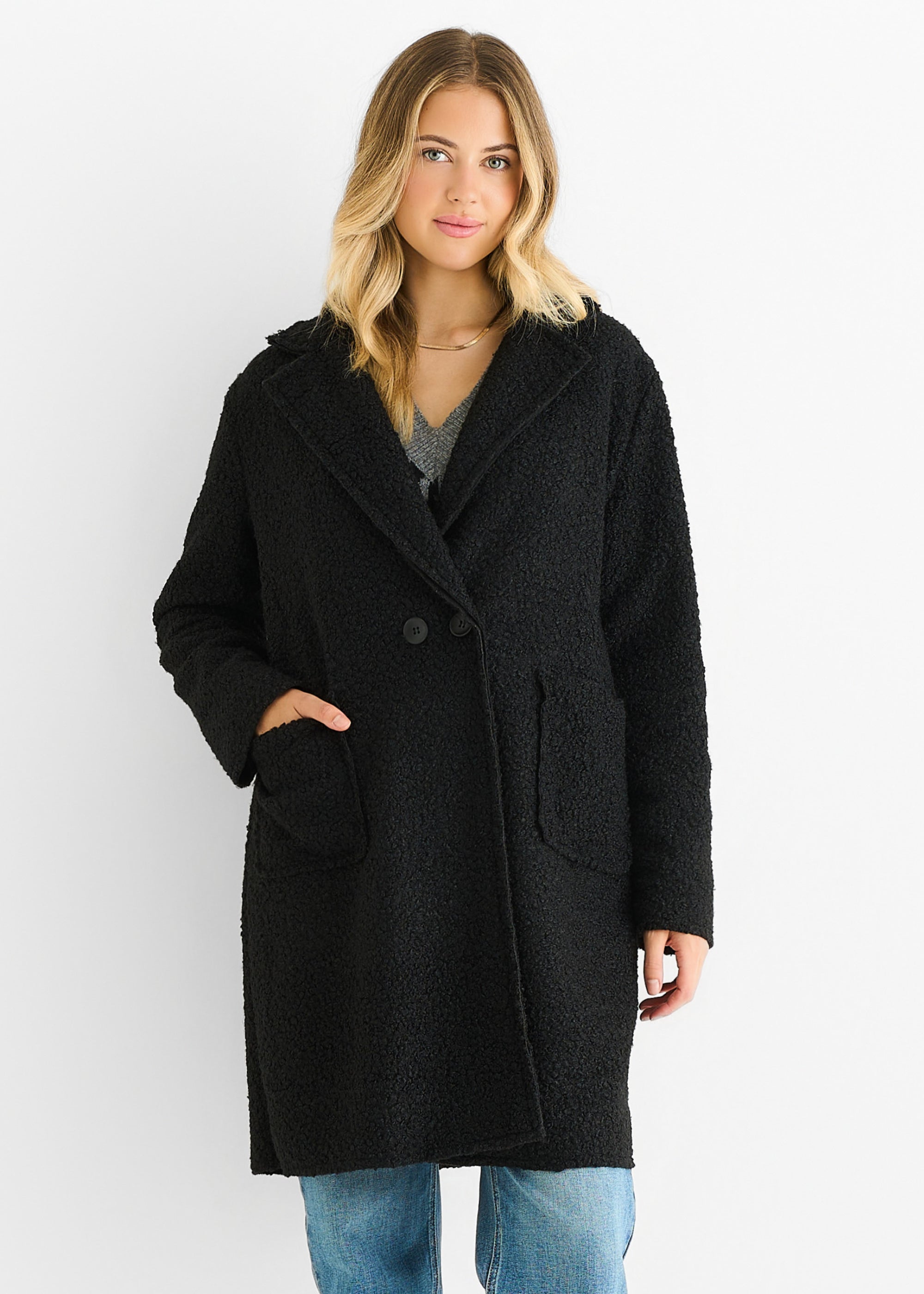 Black Shearling Mid Length Double Breasted Jacket
