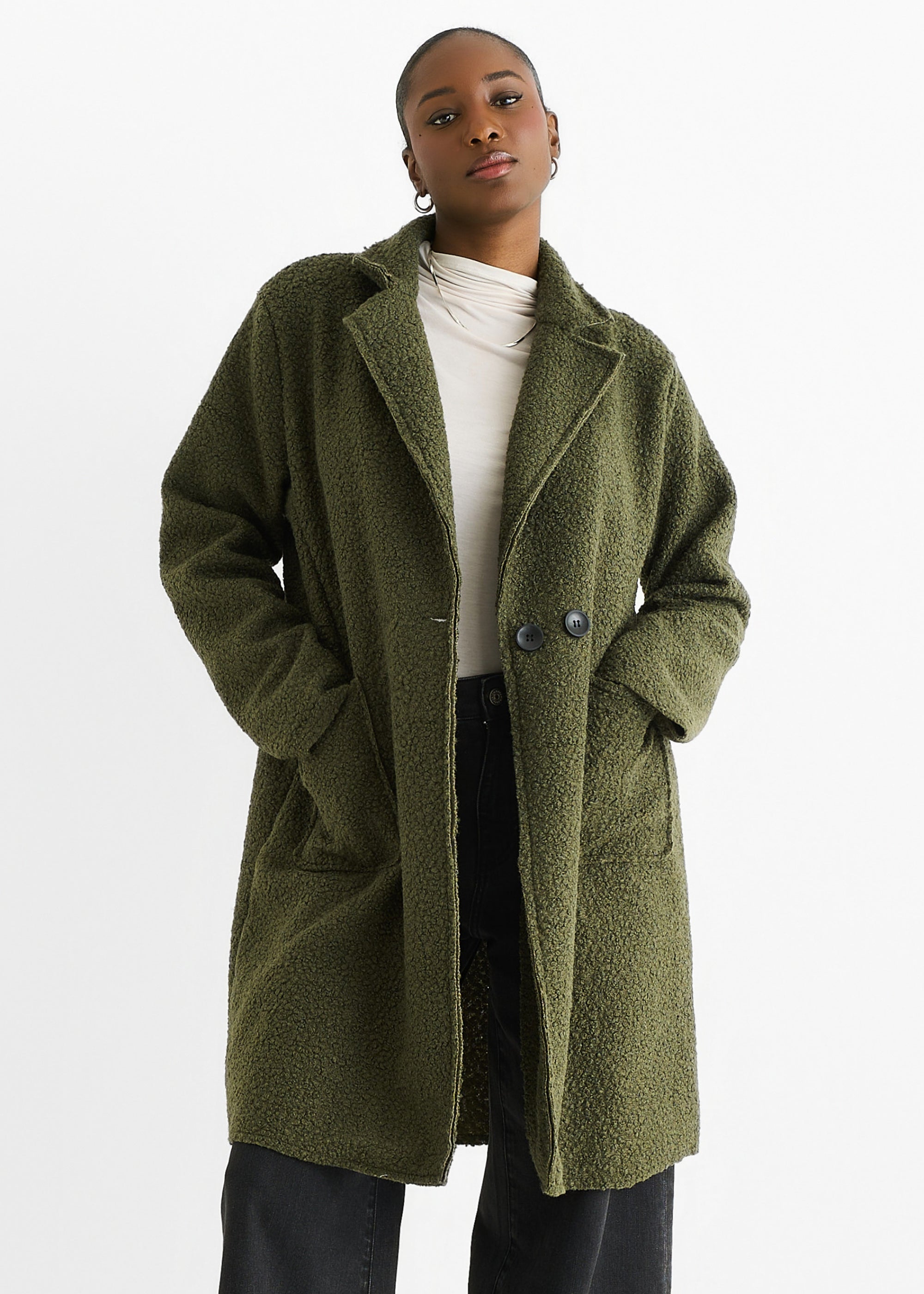 Khaki Shearling Mid Length Double Breasted Jacket
