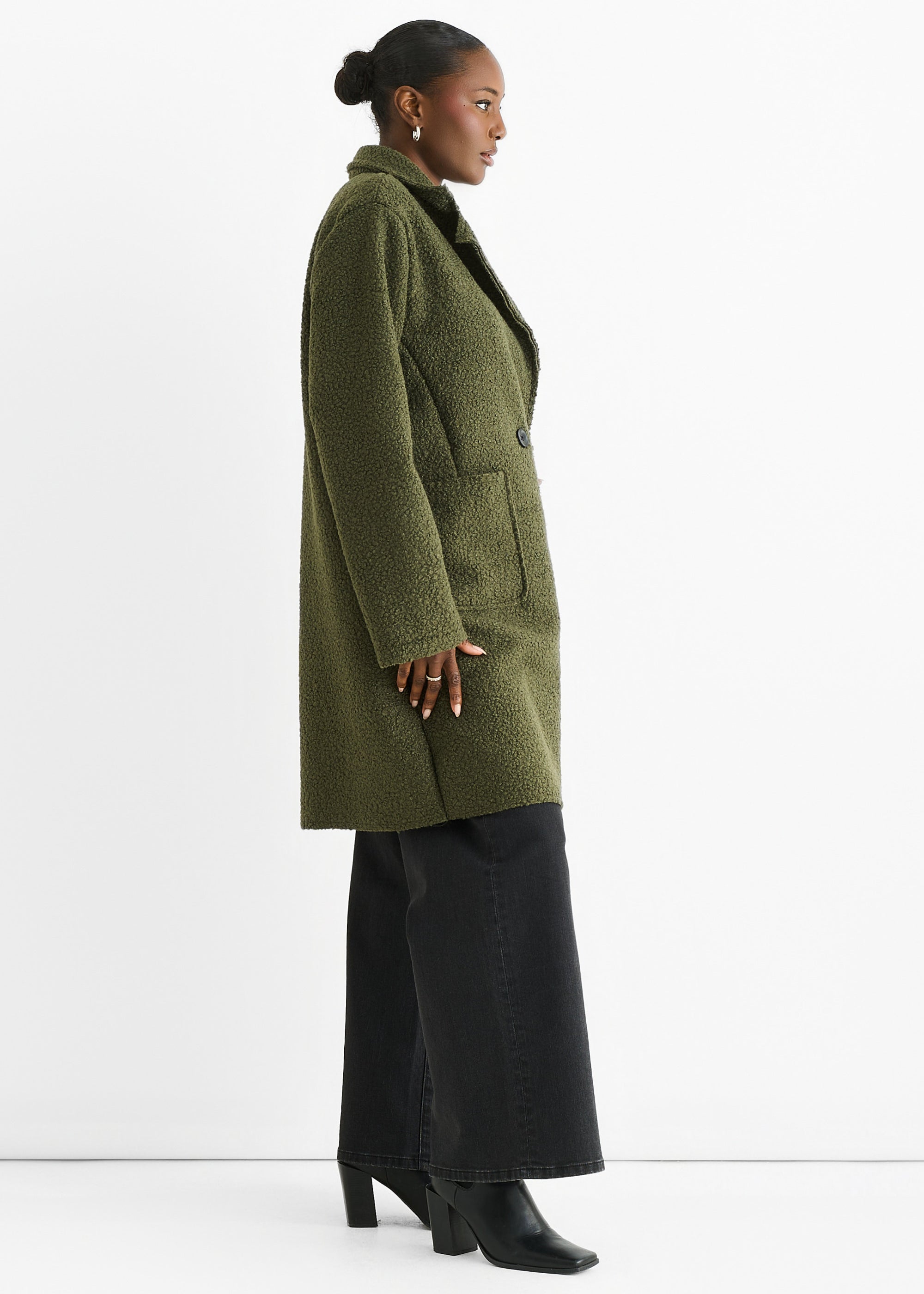 Khaki Shearling Mid Length Double Breasted Jacket