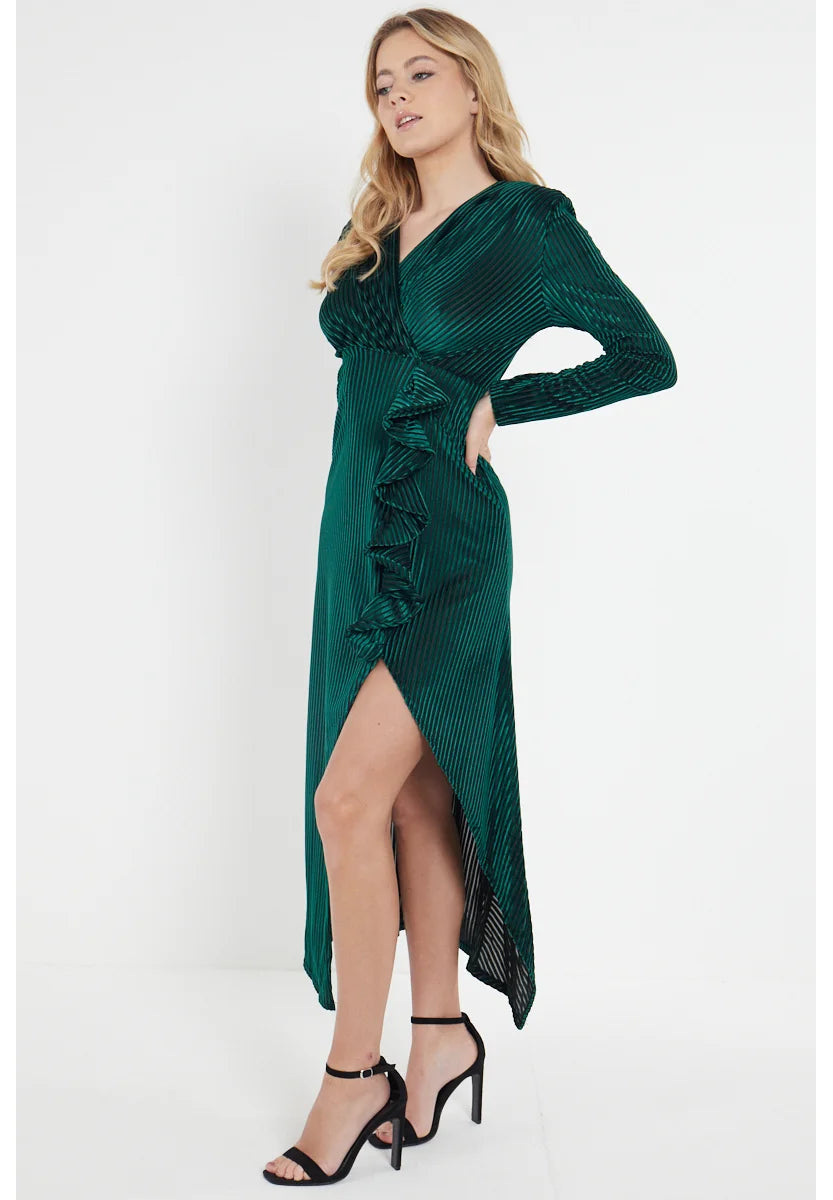 Green Velvet Plisse Ruffle Wrap Dress
