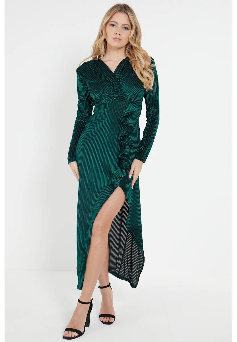 Green Velvet Plisse Ruffle Wrap Dress