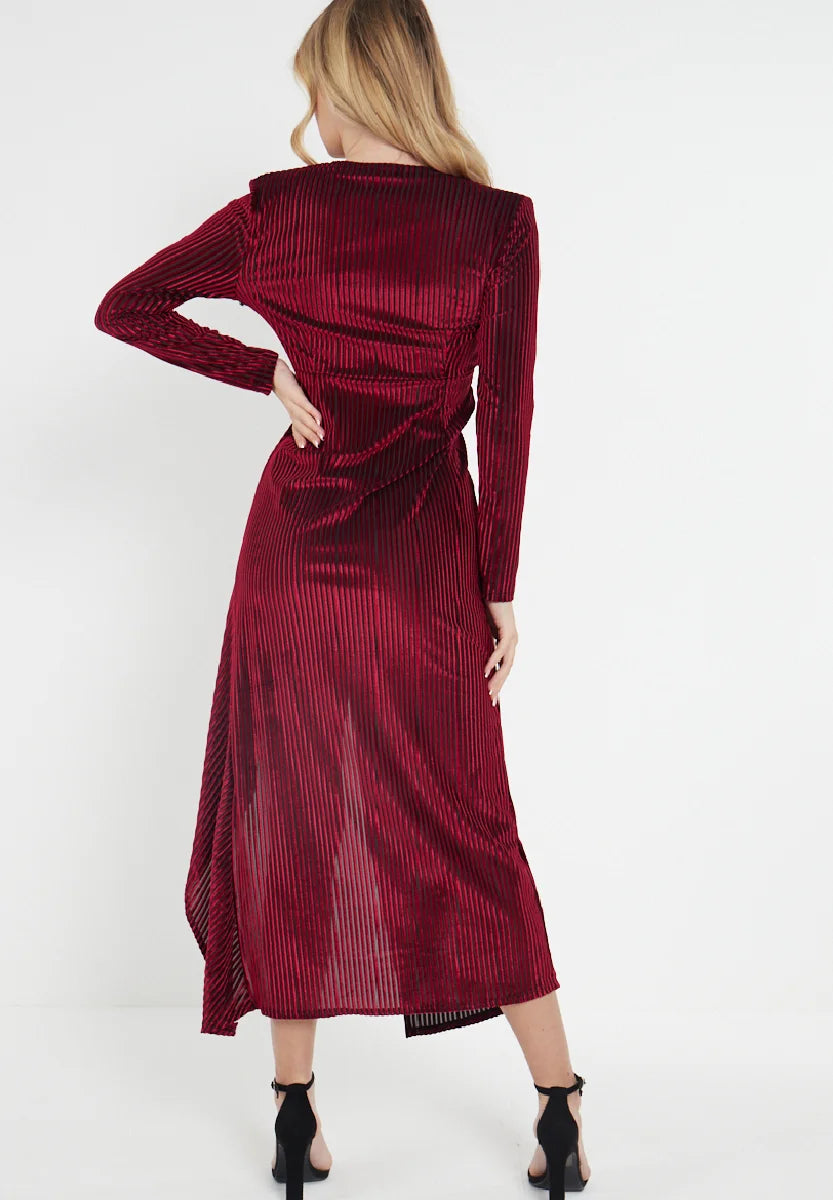 Red Velvet Plisse Ruffle Wrap Dress