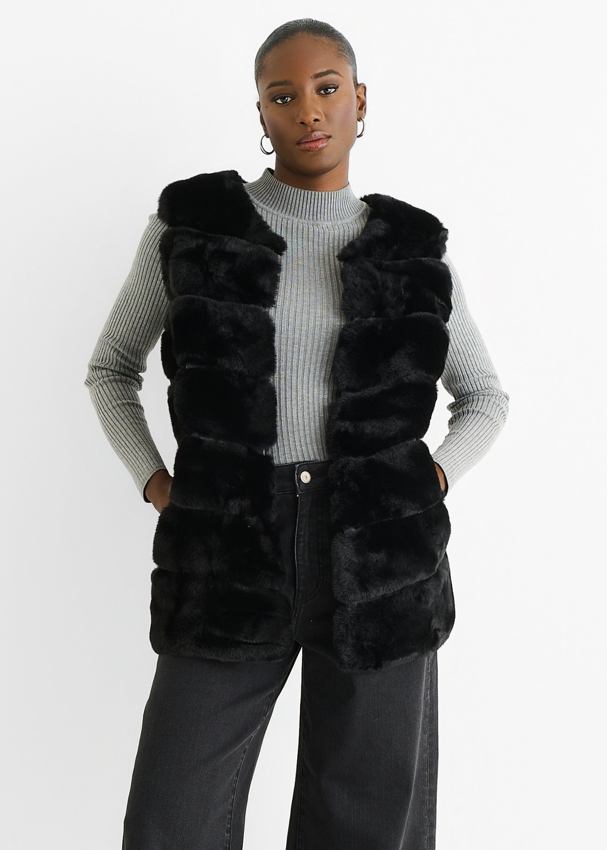 Black Diagonal Cut Sleeveless Faux Fur Gilet