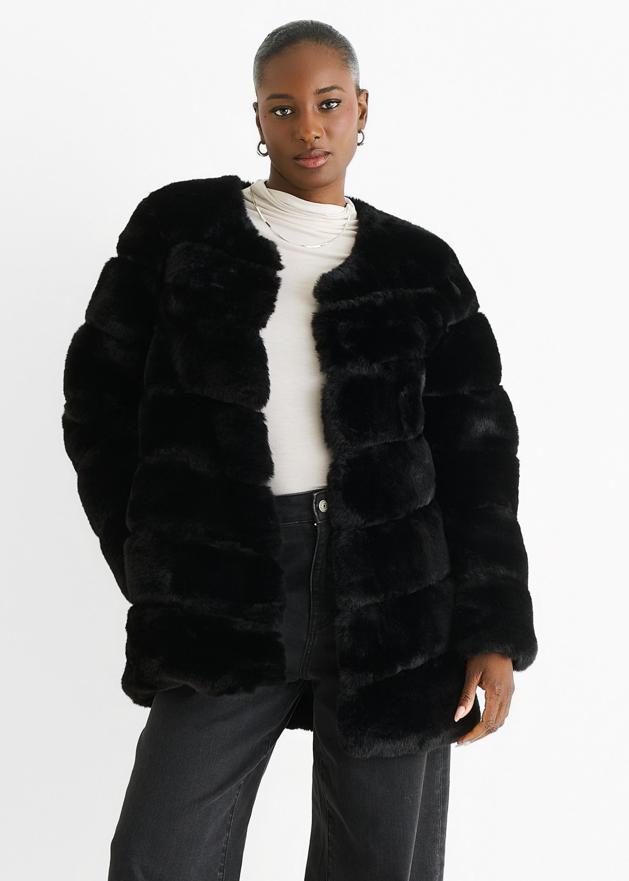 Black Diagonal Cut Faux Fur Long Sleeve Jacket