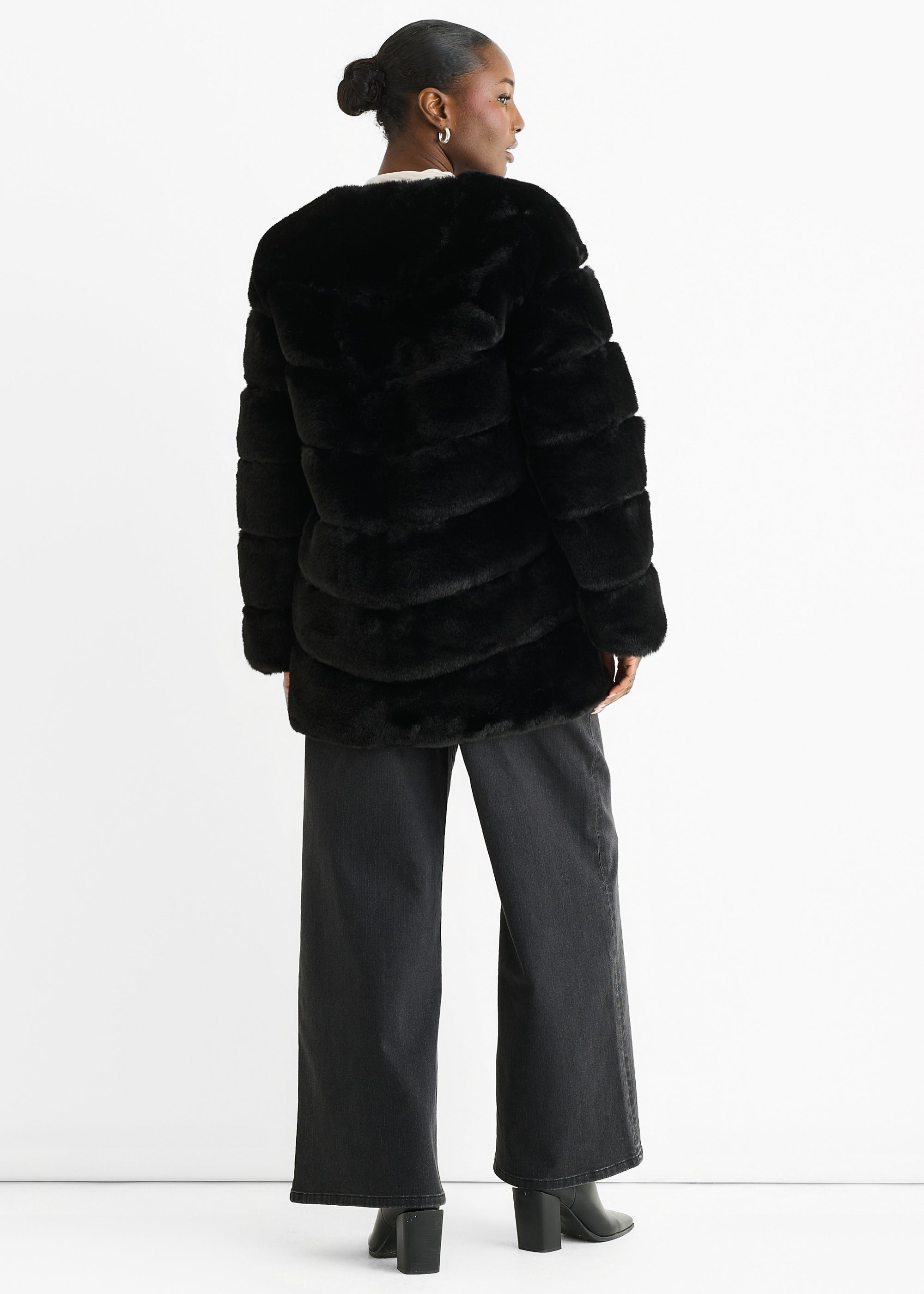 Black Diagonal Cut Faux Fur Long Sleeve Jacket