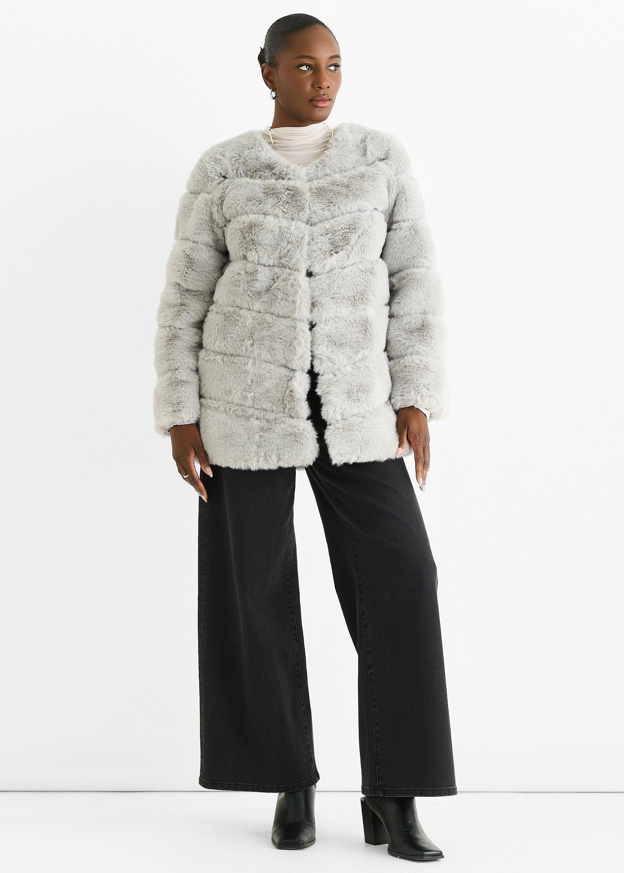 Silver Diagonal Cut Faux Fur Long Sleeve Jacket