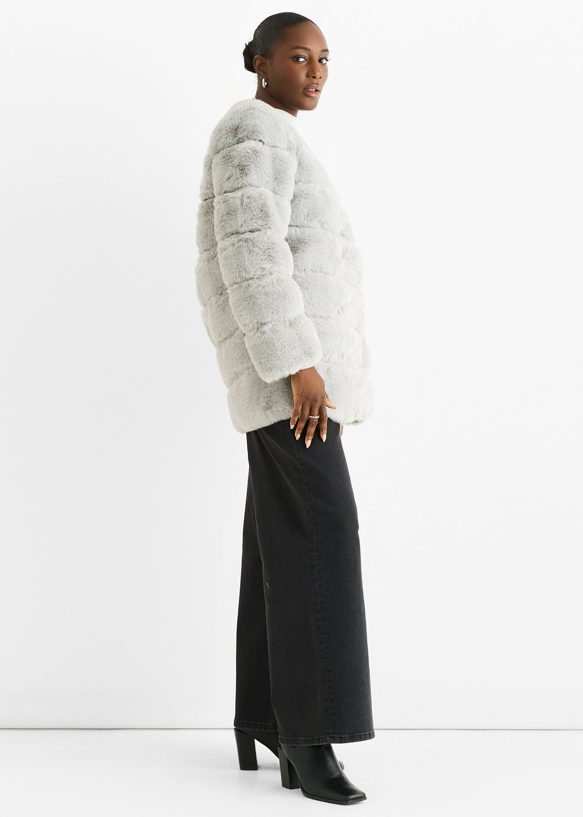 Silver Diagonal Cut Faux Fur Long Sleeve Jacket