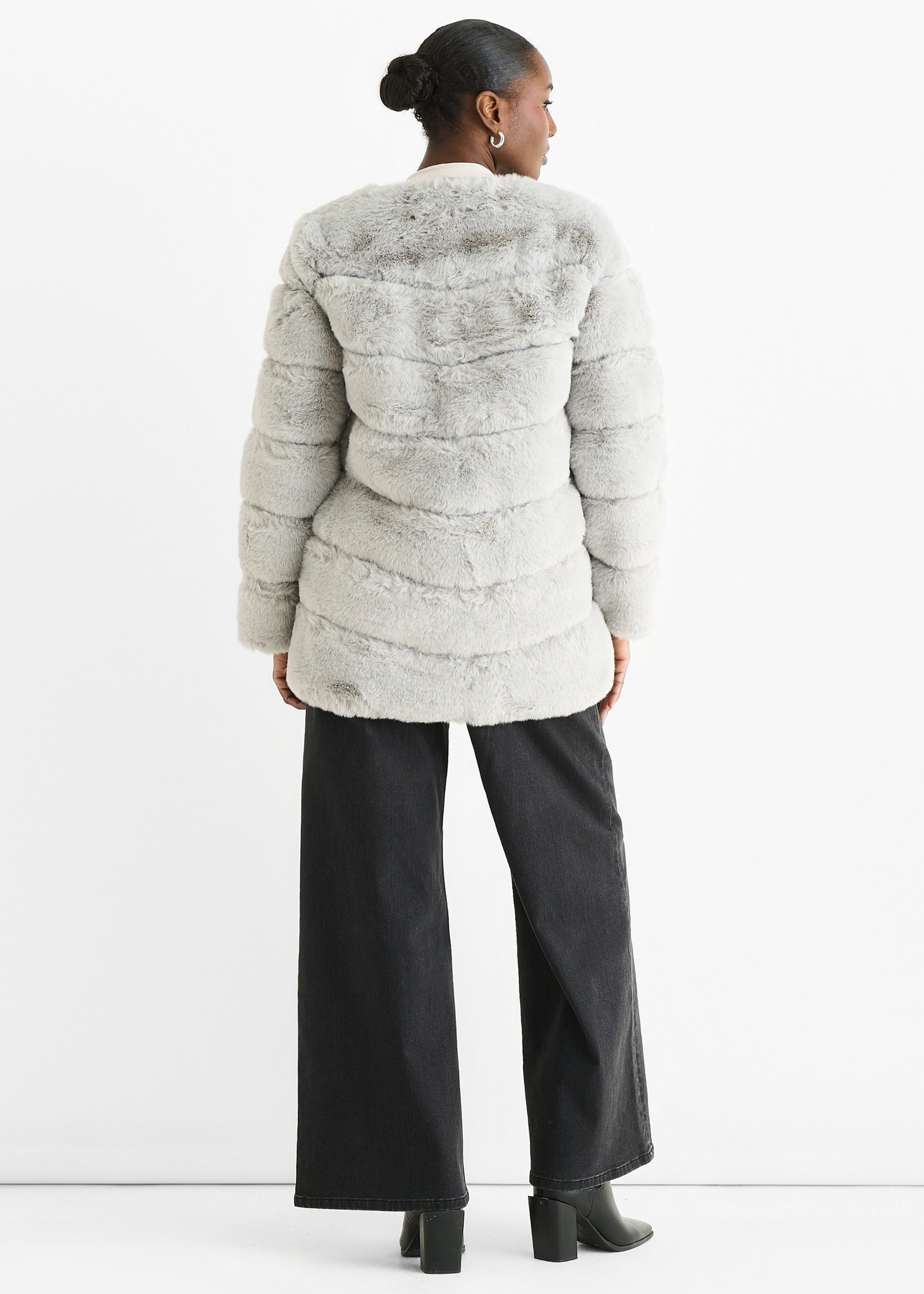 Silver Diagonal Cut Faux Fur Long Sleeve Jacket