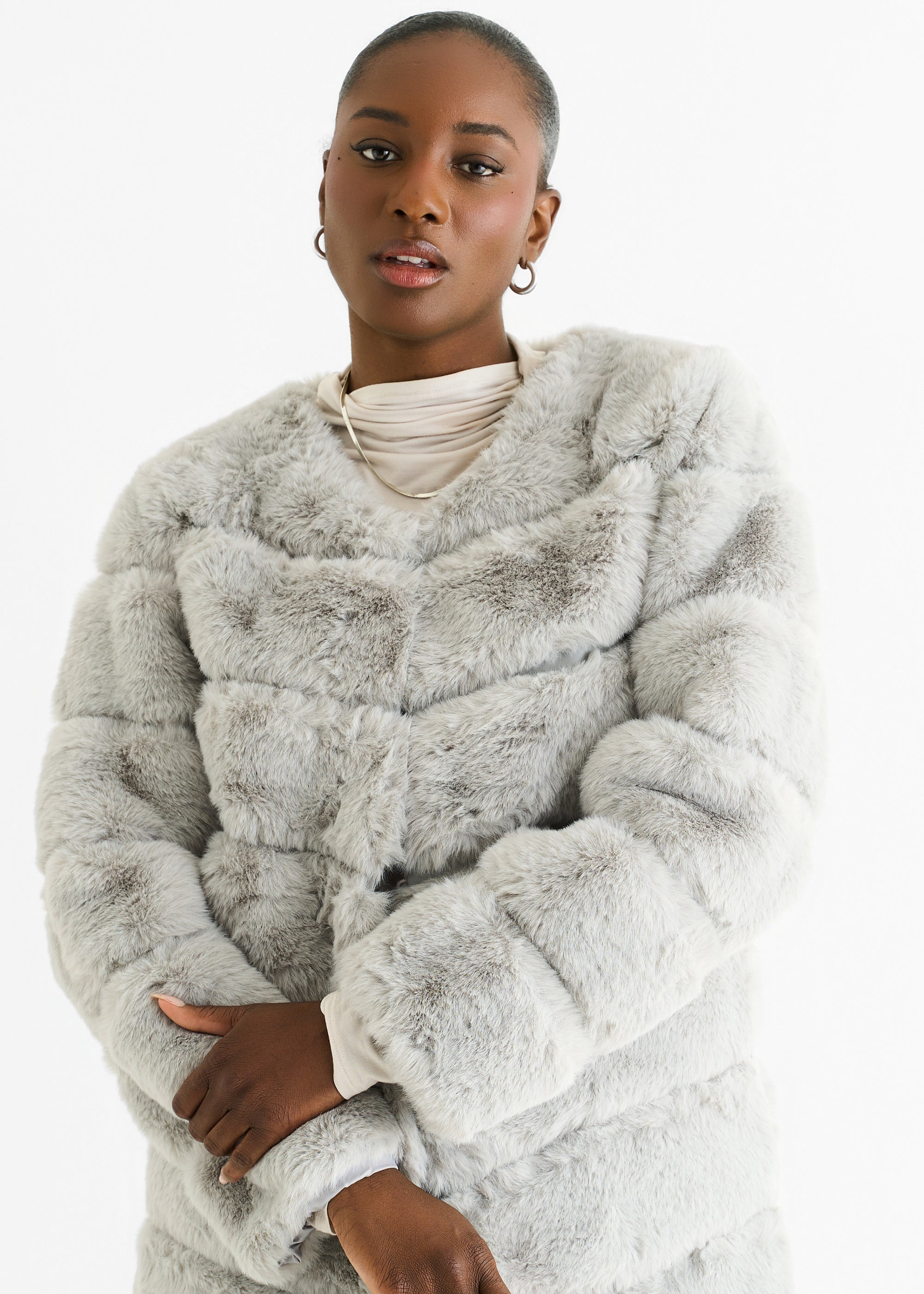 Silver Diagonal Cut Faux Fur Long Sleeve Jacket