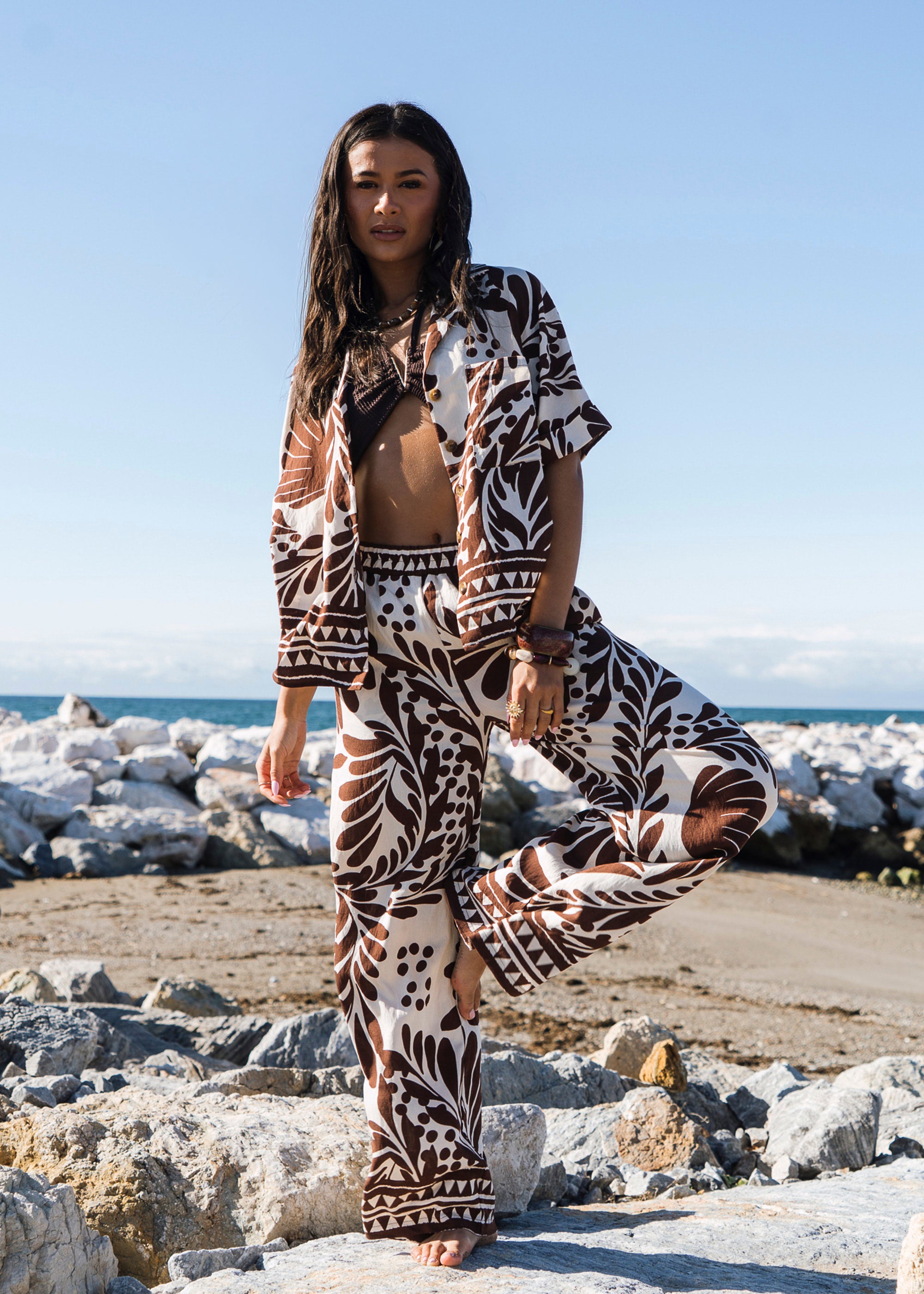 Chocolate Border Print Elasticated Trousers