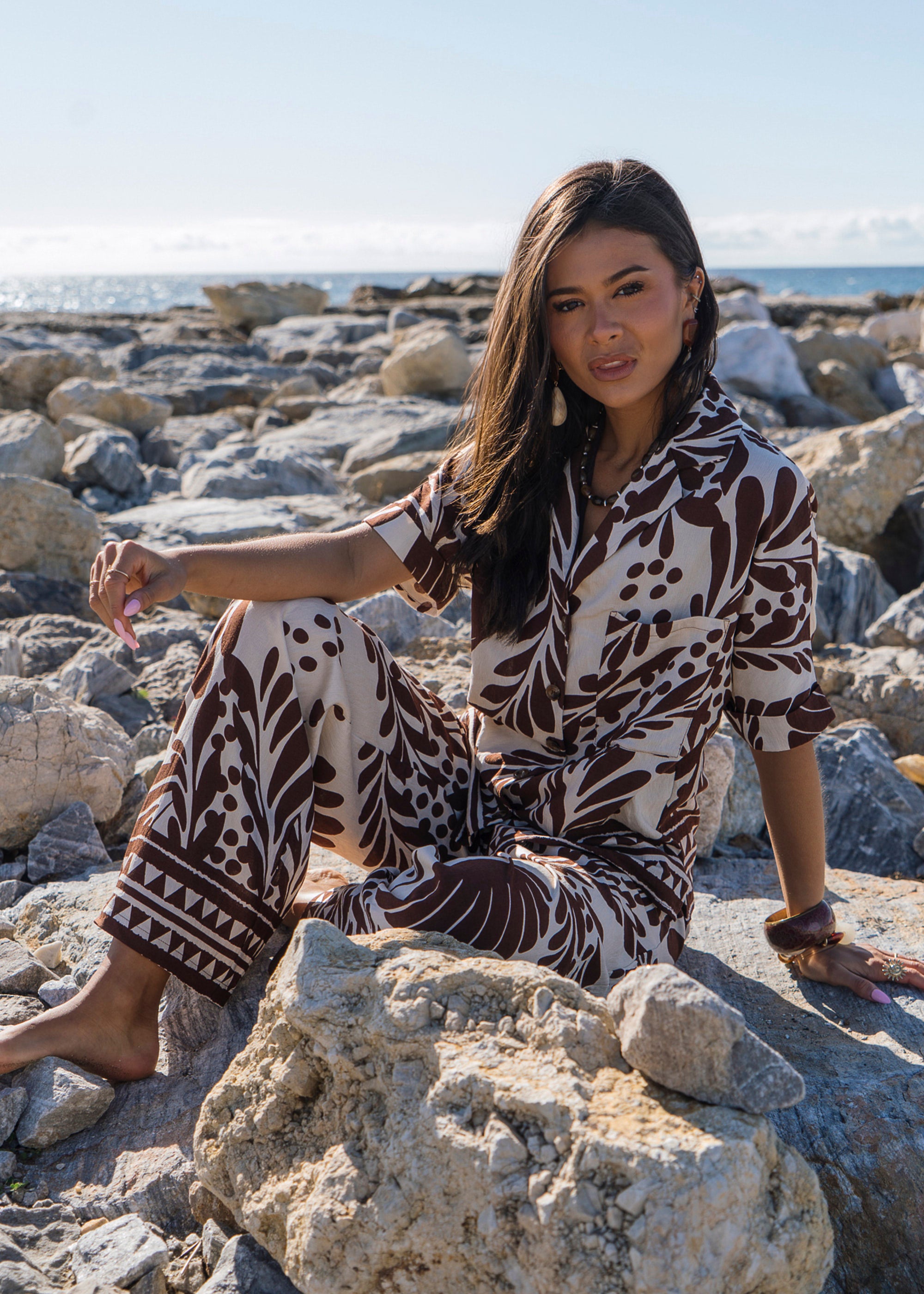 Chocolate Border Print Elasticated Trousers