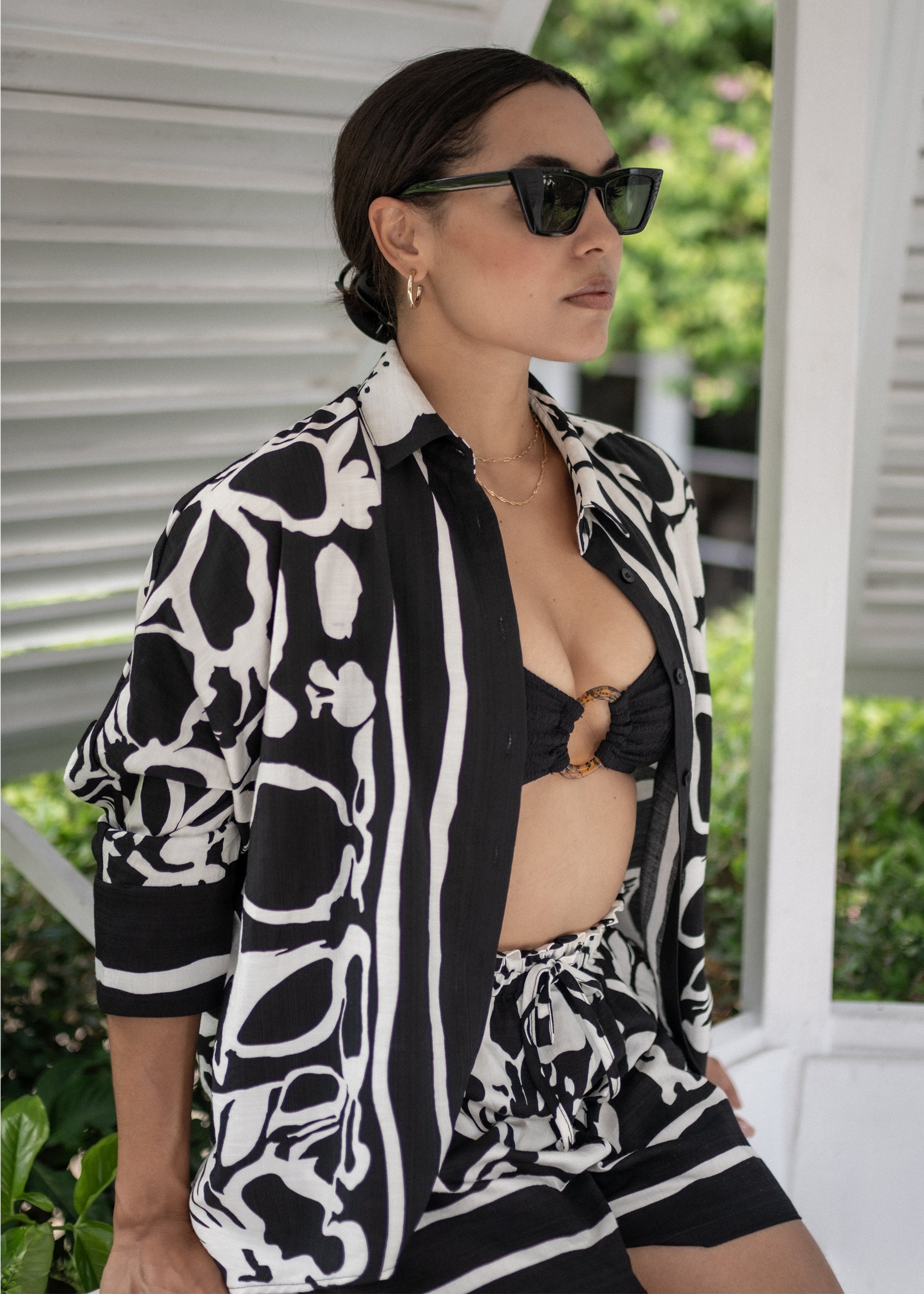 Mono Border Print Viscose Oversized Shirt