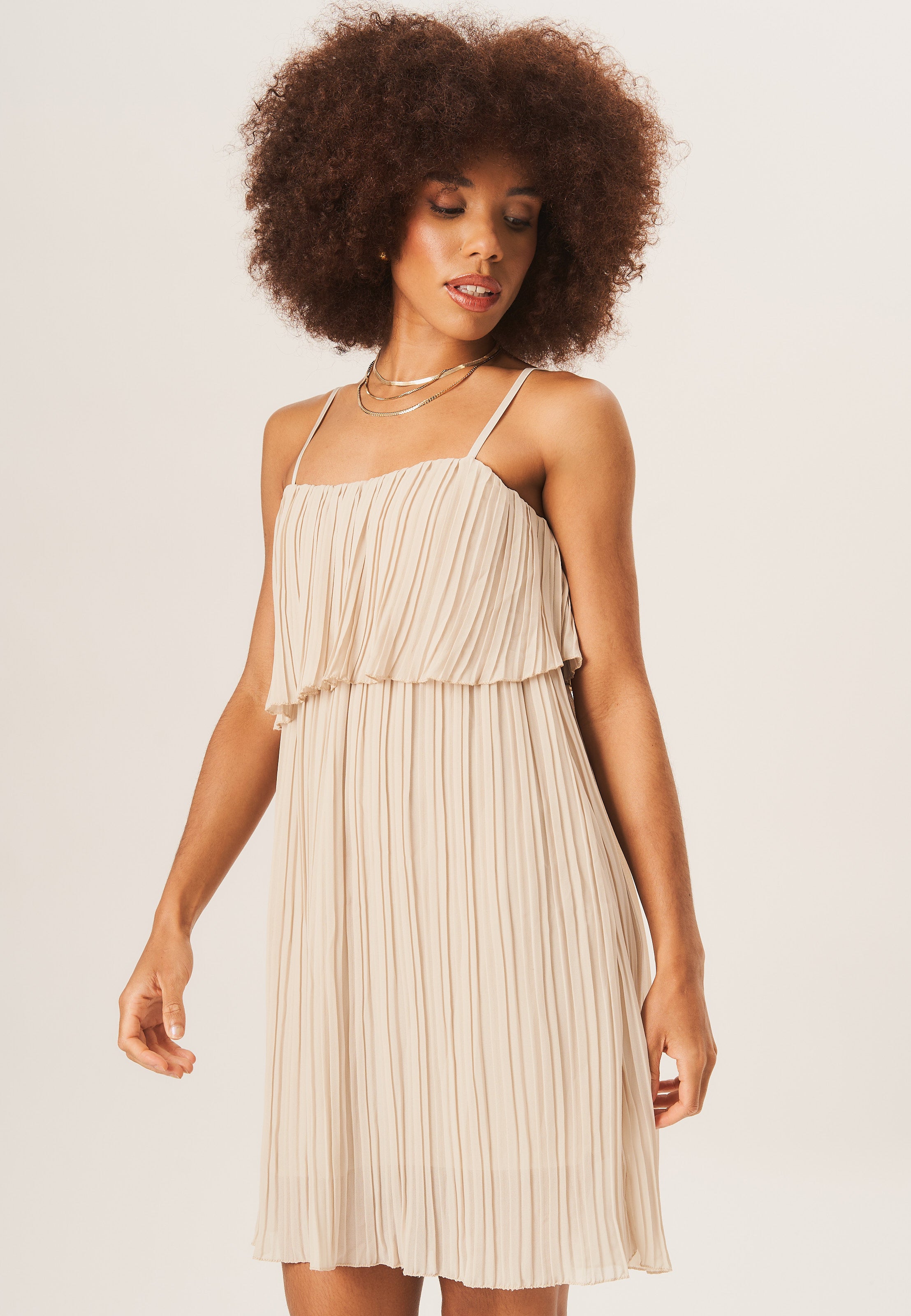 Beige Strappy Layered Top Pleated Mini Dress
