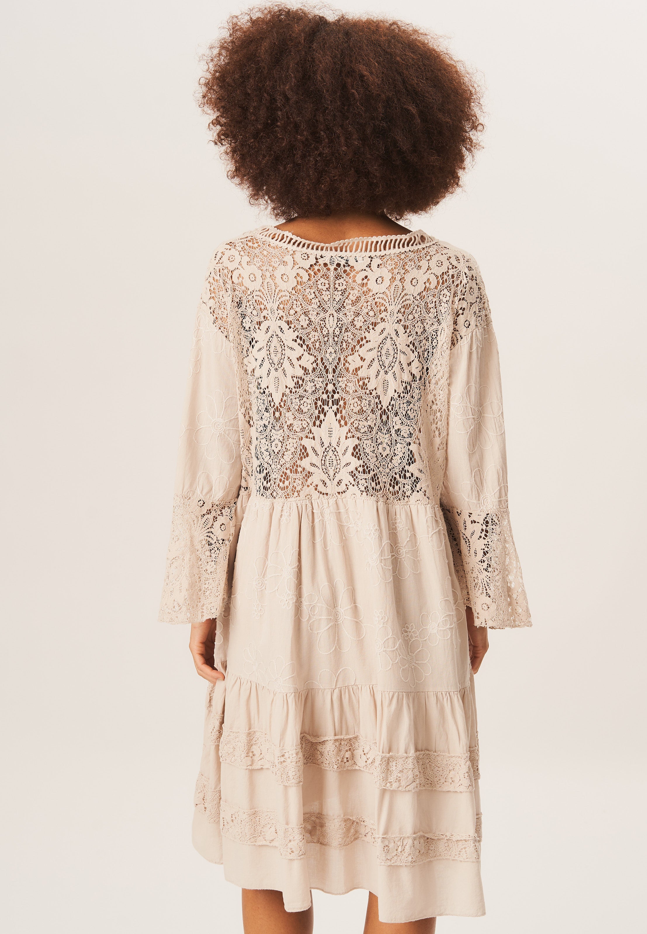 Beige Lace Trimmed Embroidered Tiered Dress