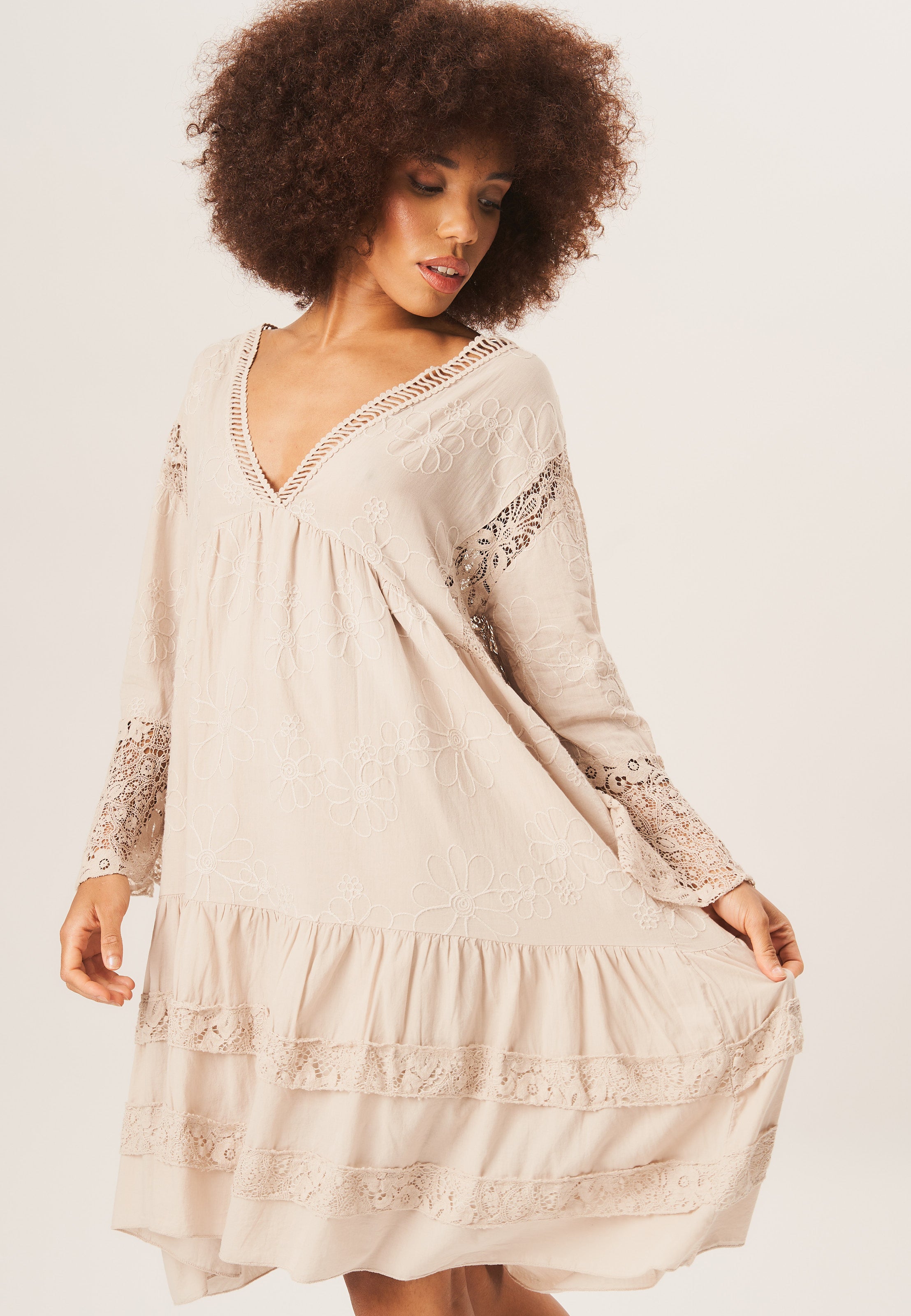 Beige Lace Trimmed Embroidered Tiered Dress