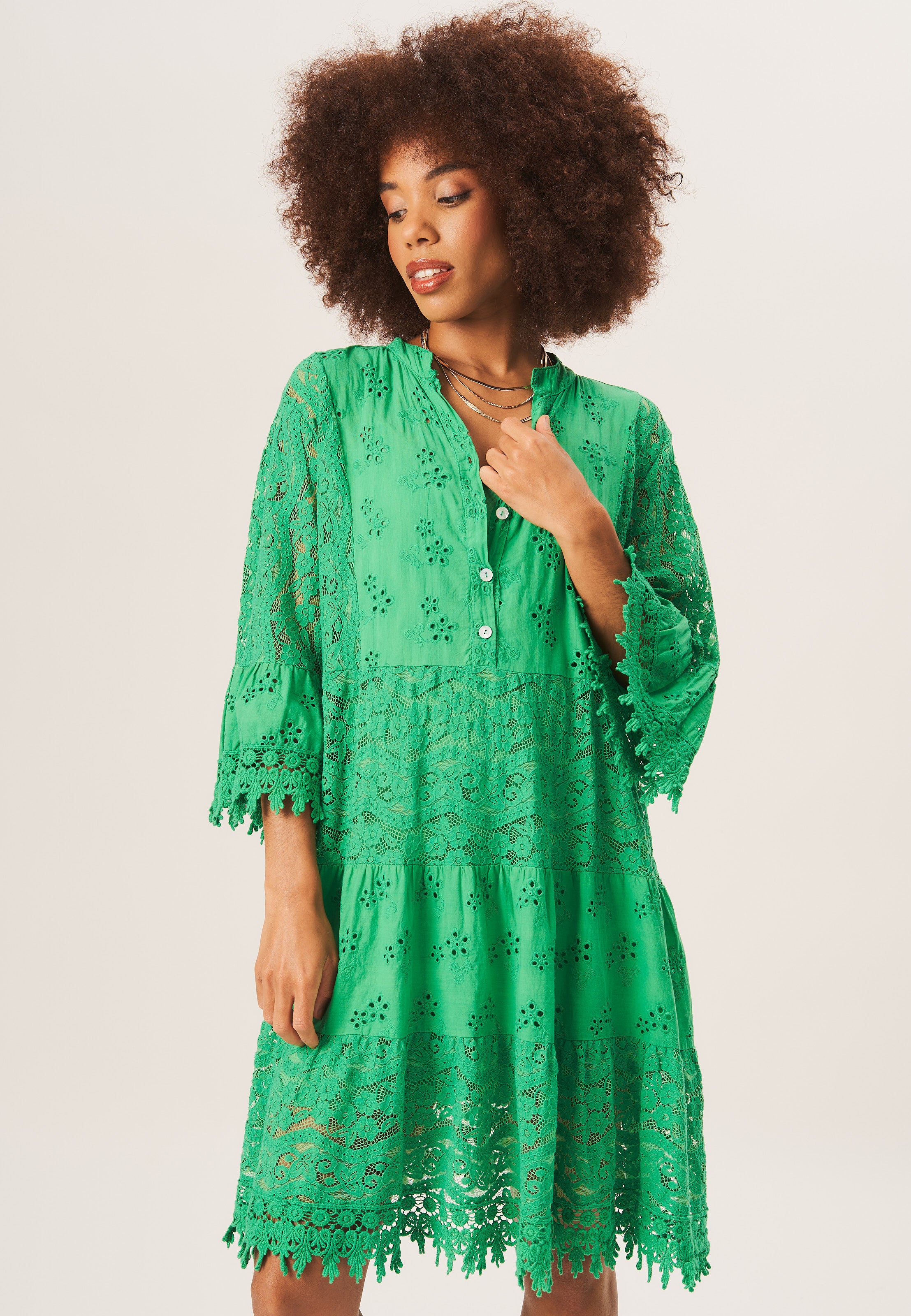 Green Eyelet And Lace Detailed Mini Dress