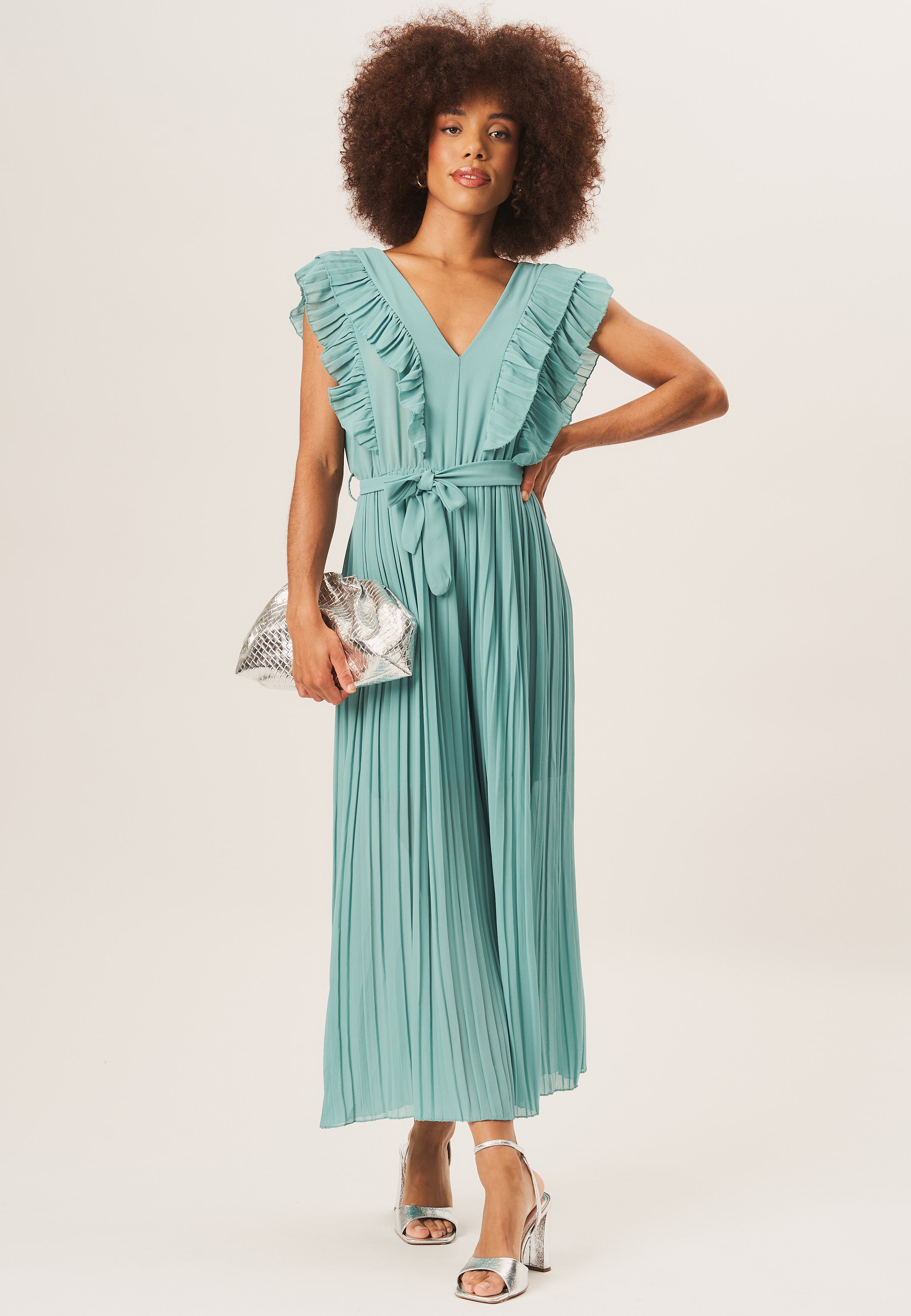 Teal Ruffle Detail Pleated Culotte Jumpsuit
