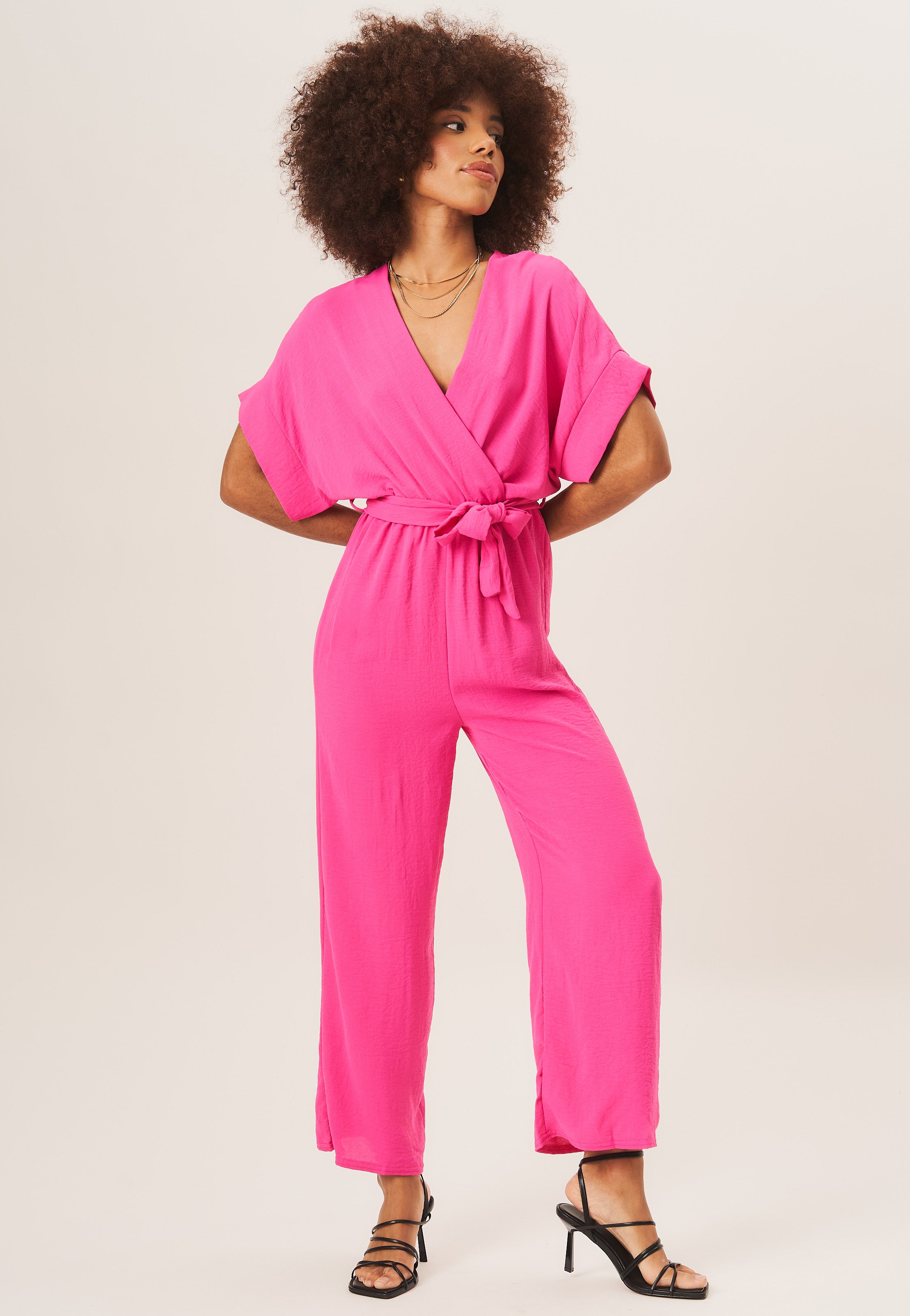 Hot Pink Dropped Shoulder Wrap Midi Jumpsuit