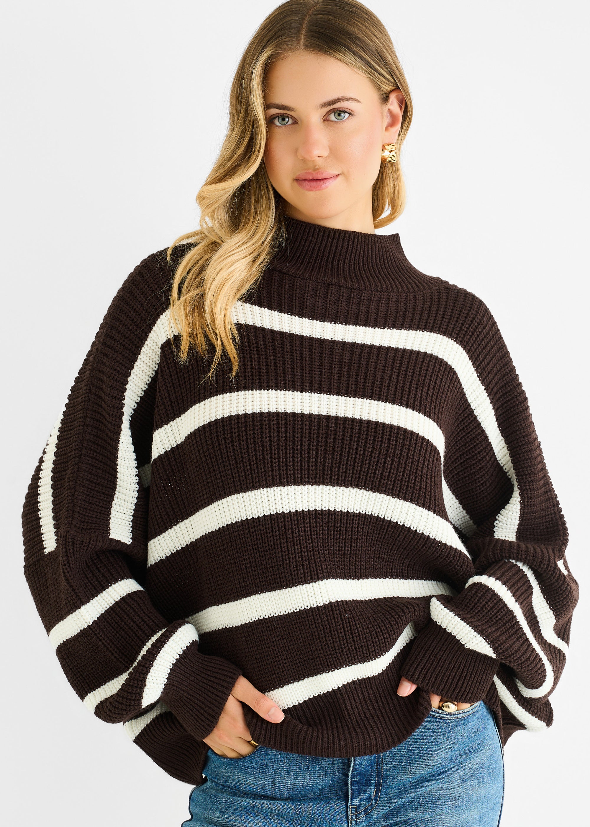 Chocolate Chunky Knit High Neck Jumper
