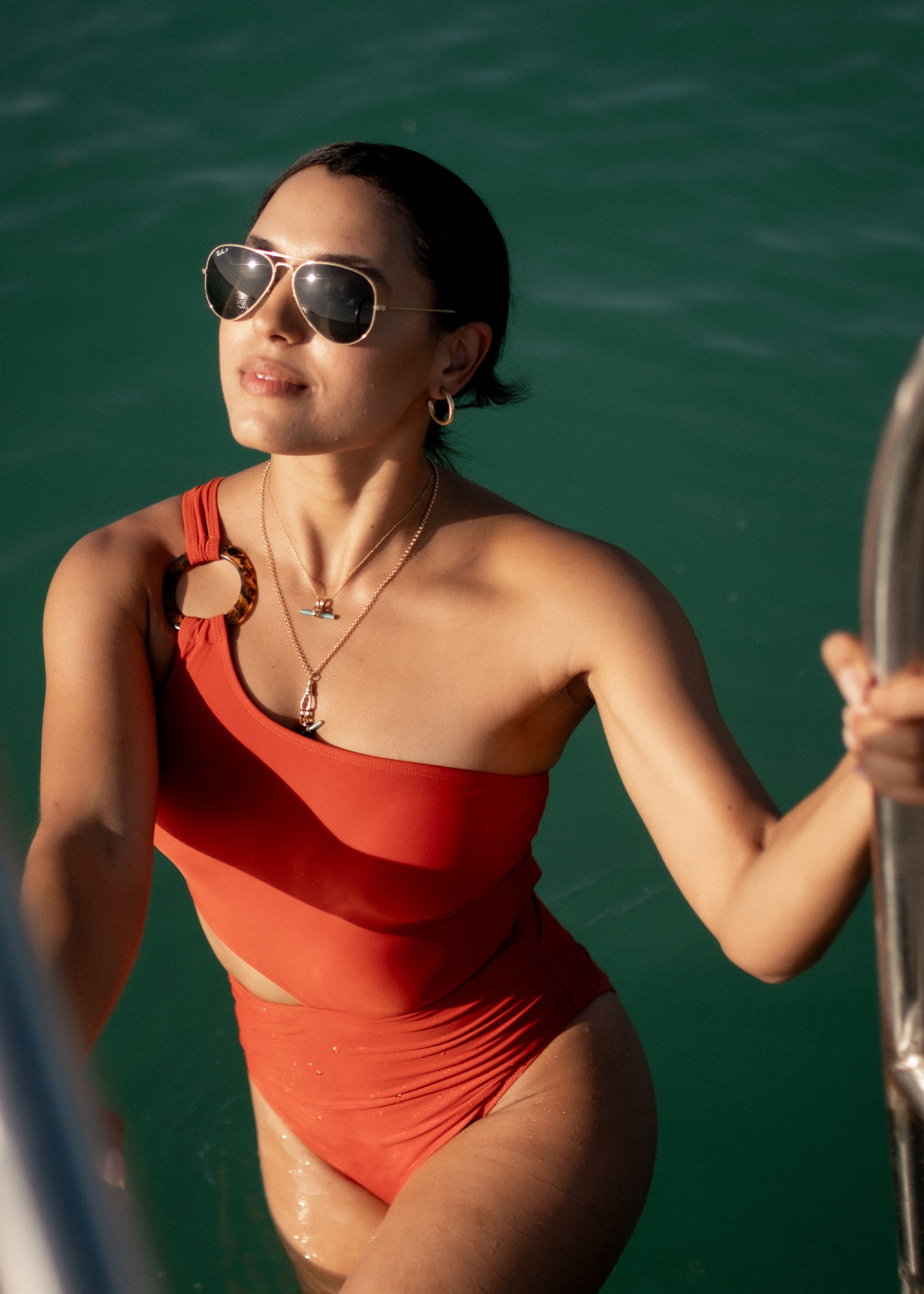 Rust One Shoulder Ring Detail Cutout Swimsuit