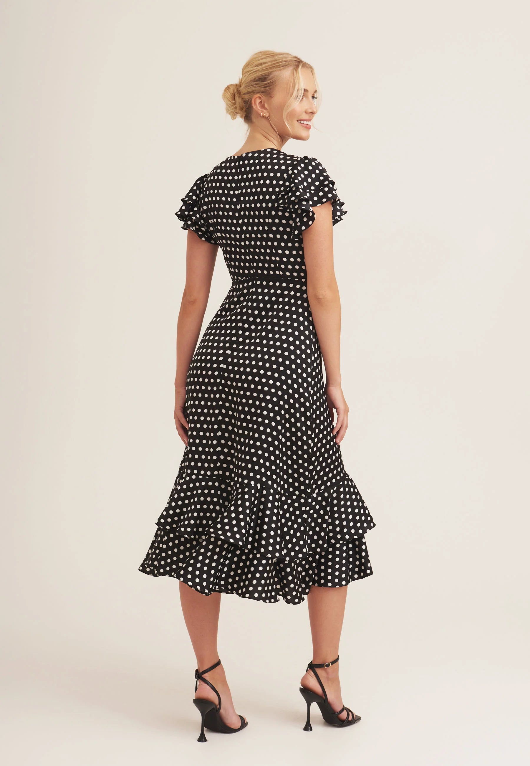 Black Polka Dot Print Occasion Ruffle Midi Dress