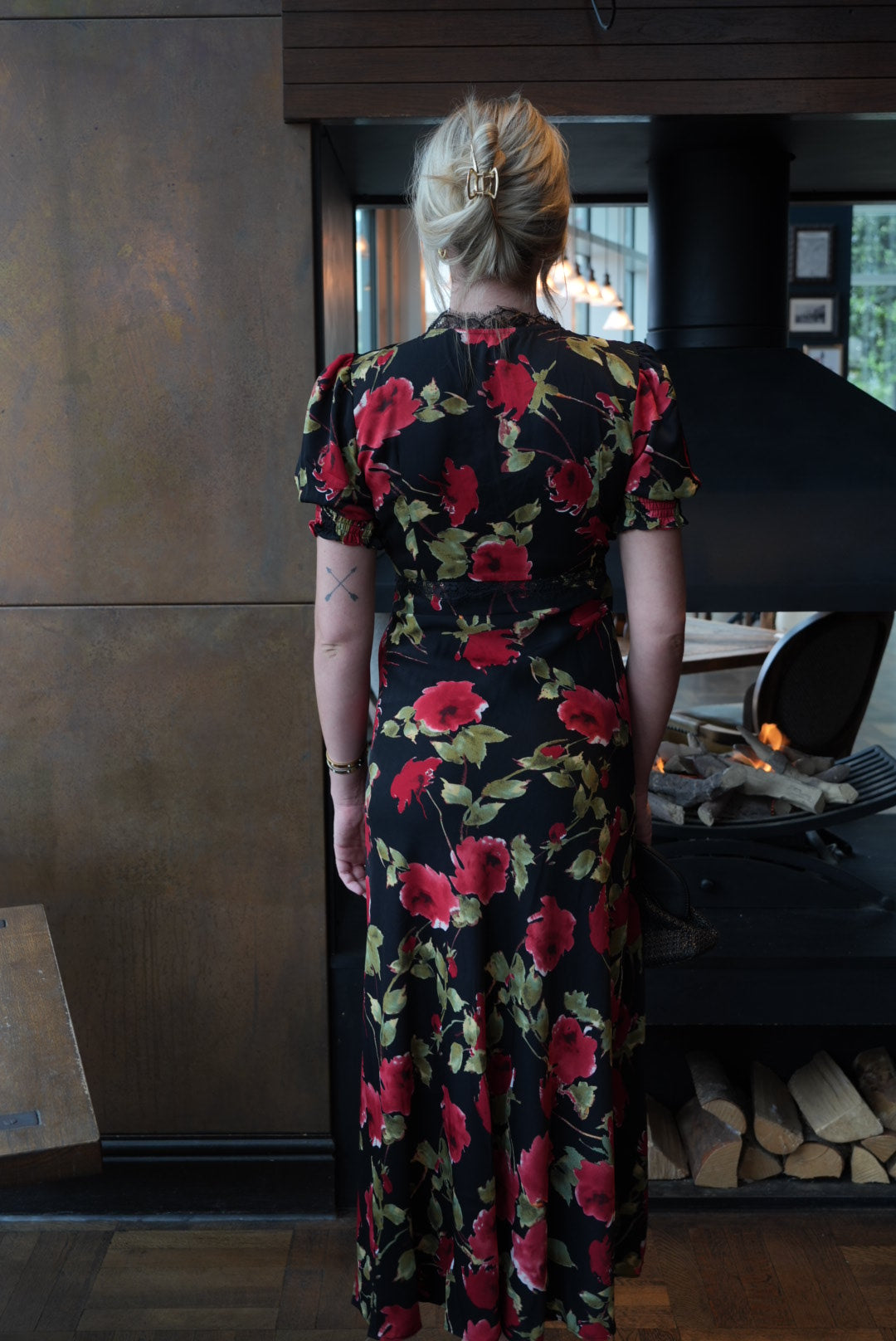 Black Floral Lace Trim Detail Midi Dress