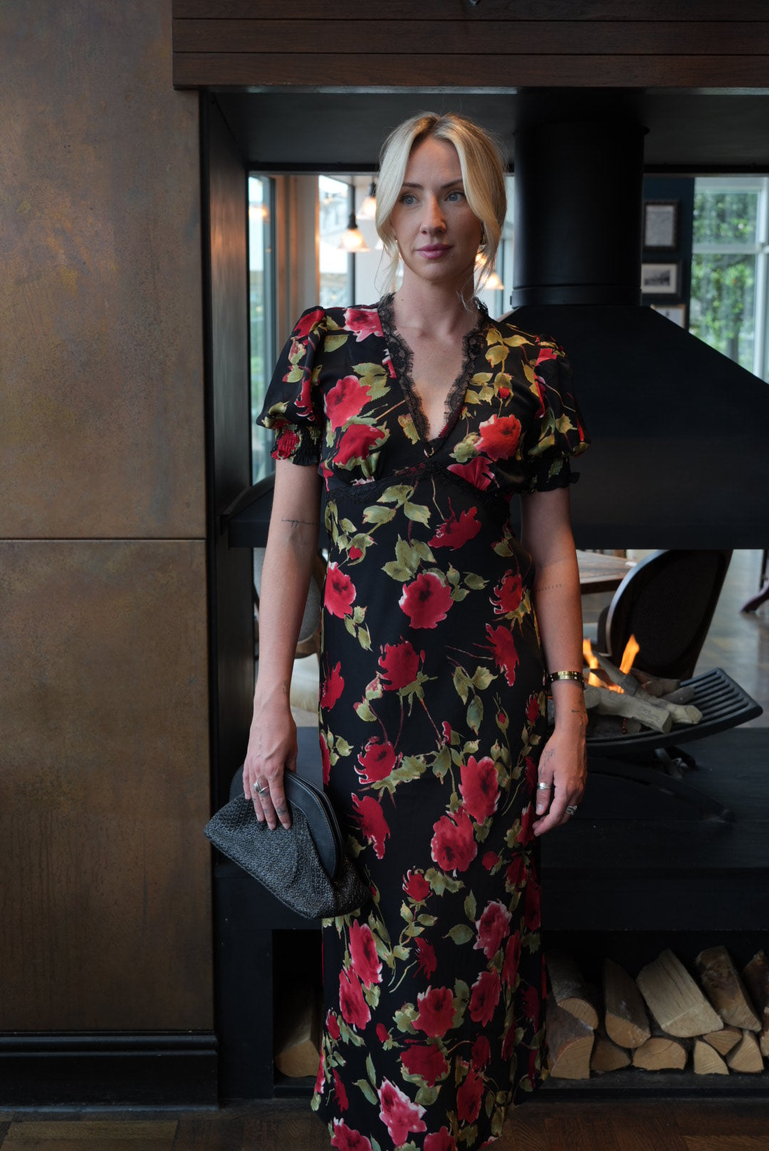 Black Floral Lace Trim Detail Midi Dress