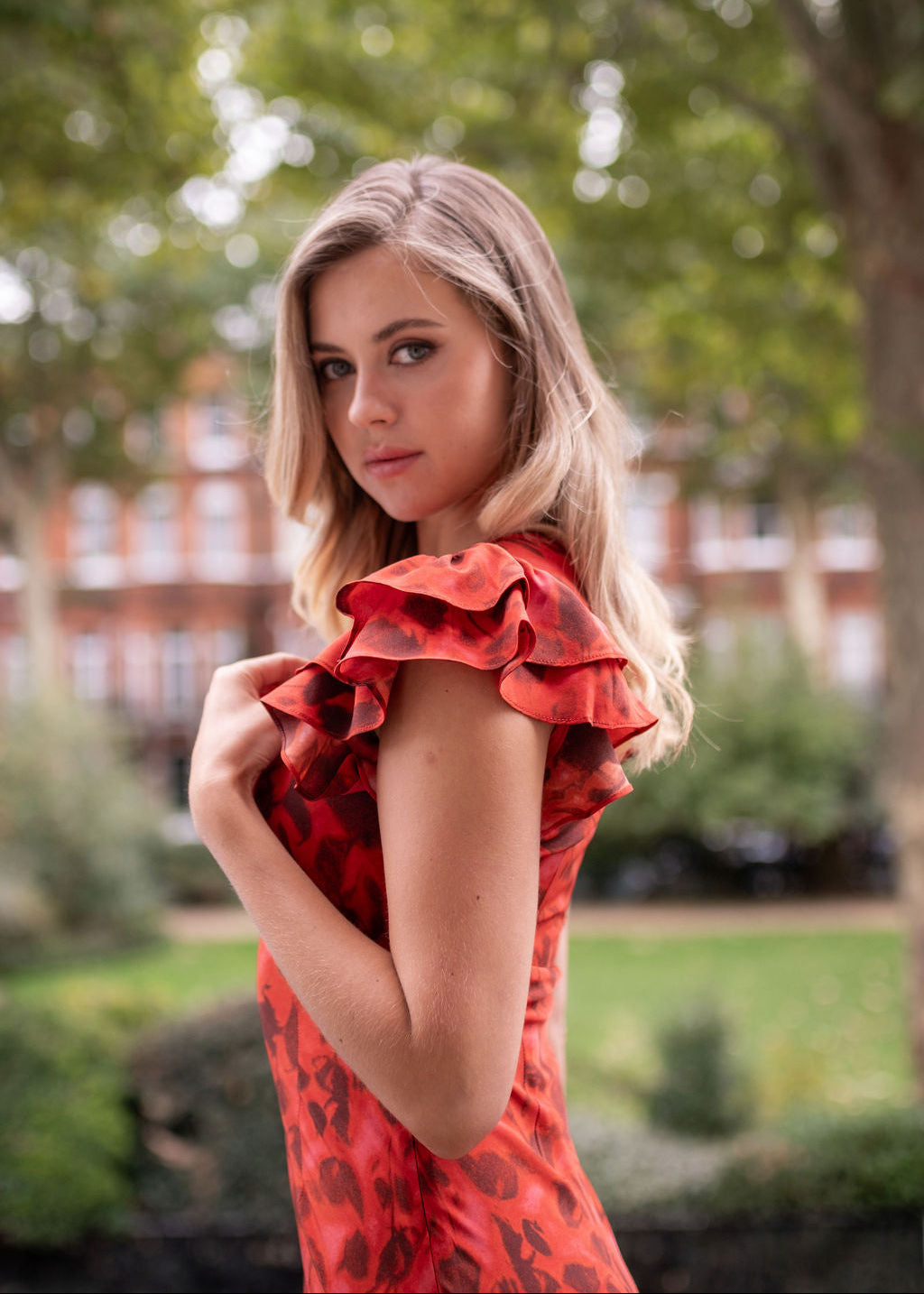 Red V Neck Floral Print Ruffle Maxi Dress