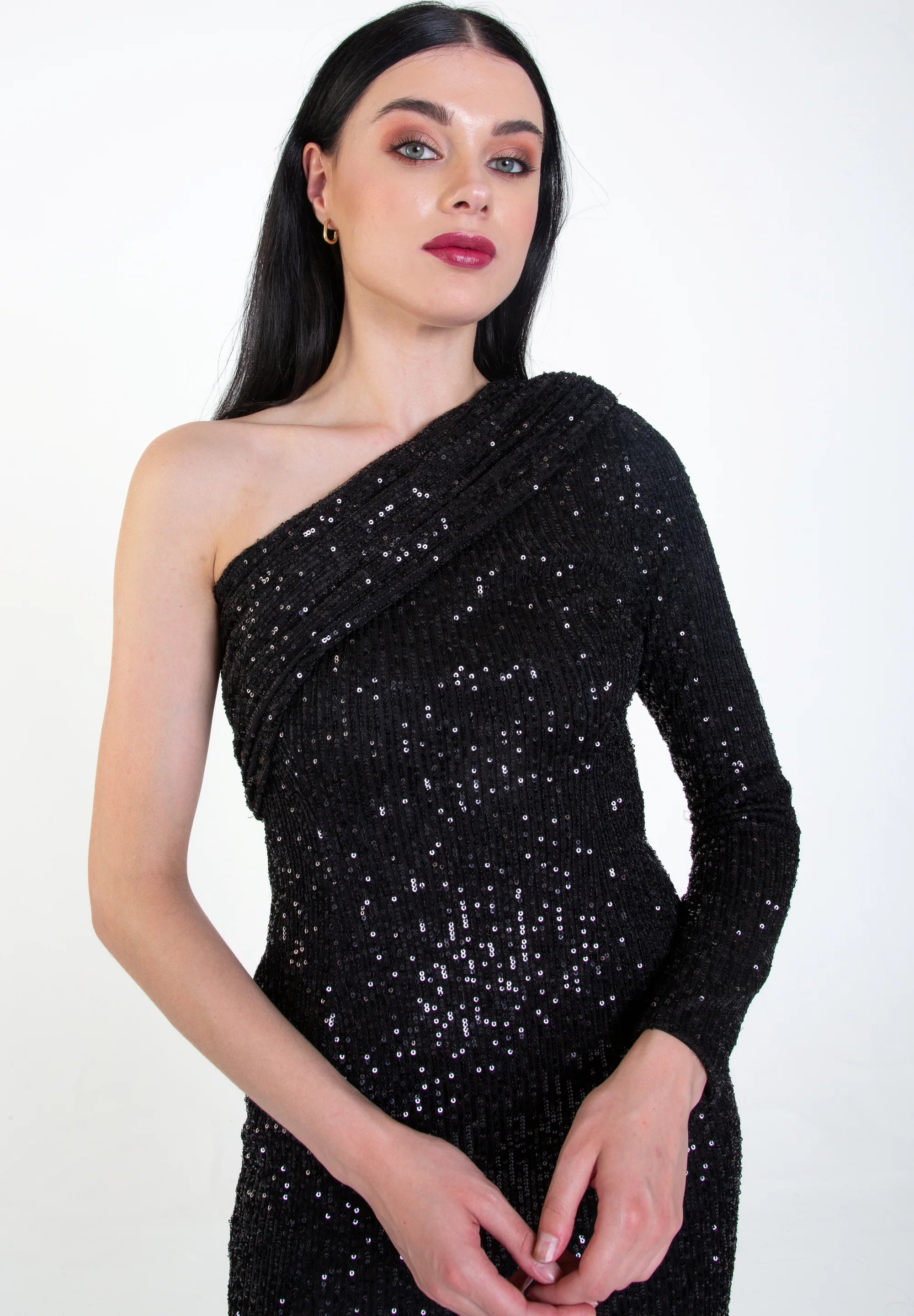 Black One Shoulder Draped Sequin Midi Dress