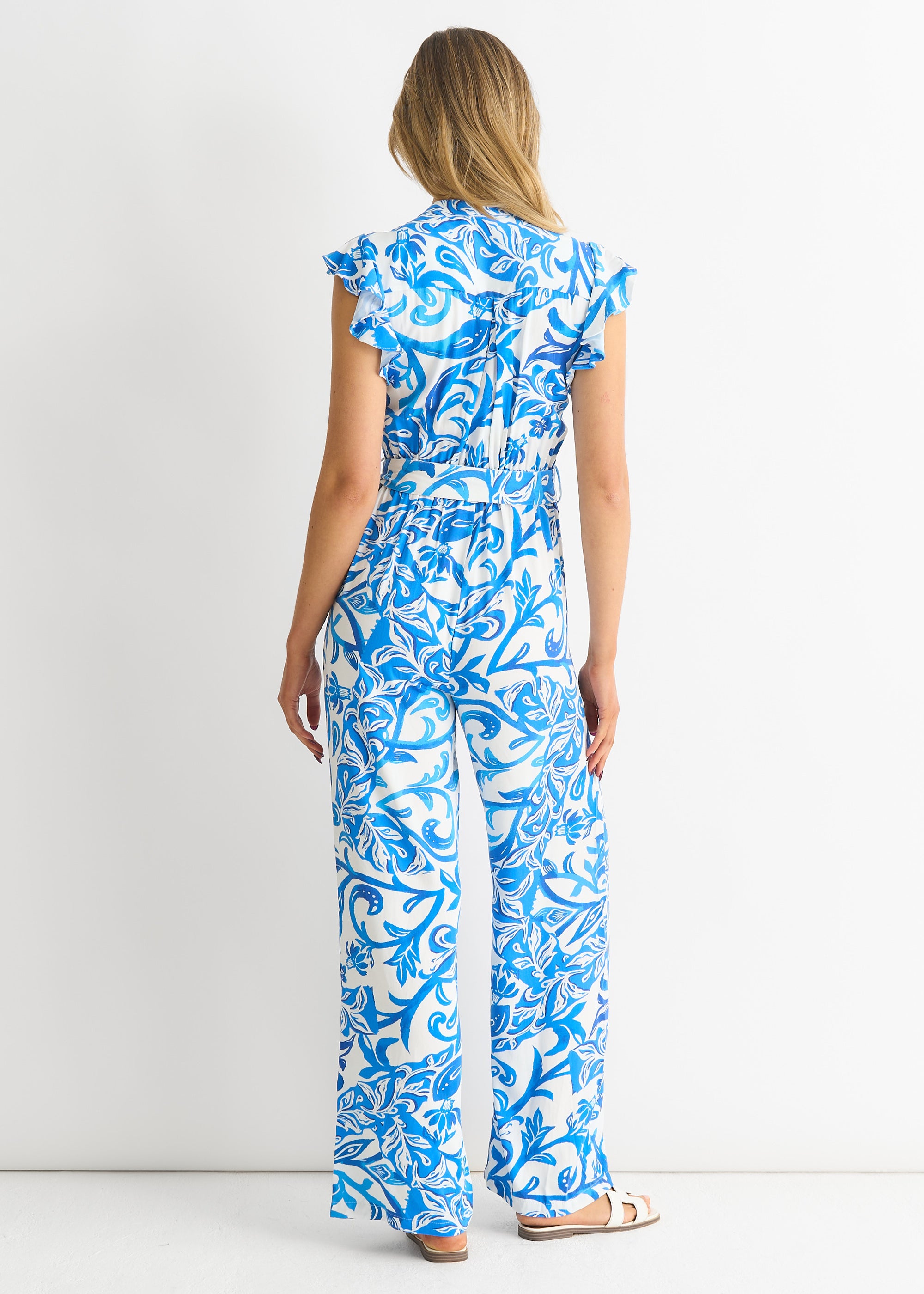 Blue Floral Ruffle Sleeeves Jumpsuit