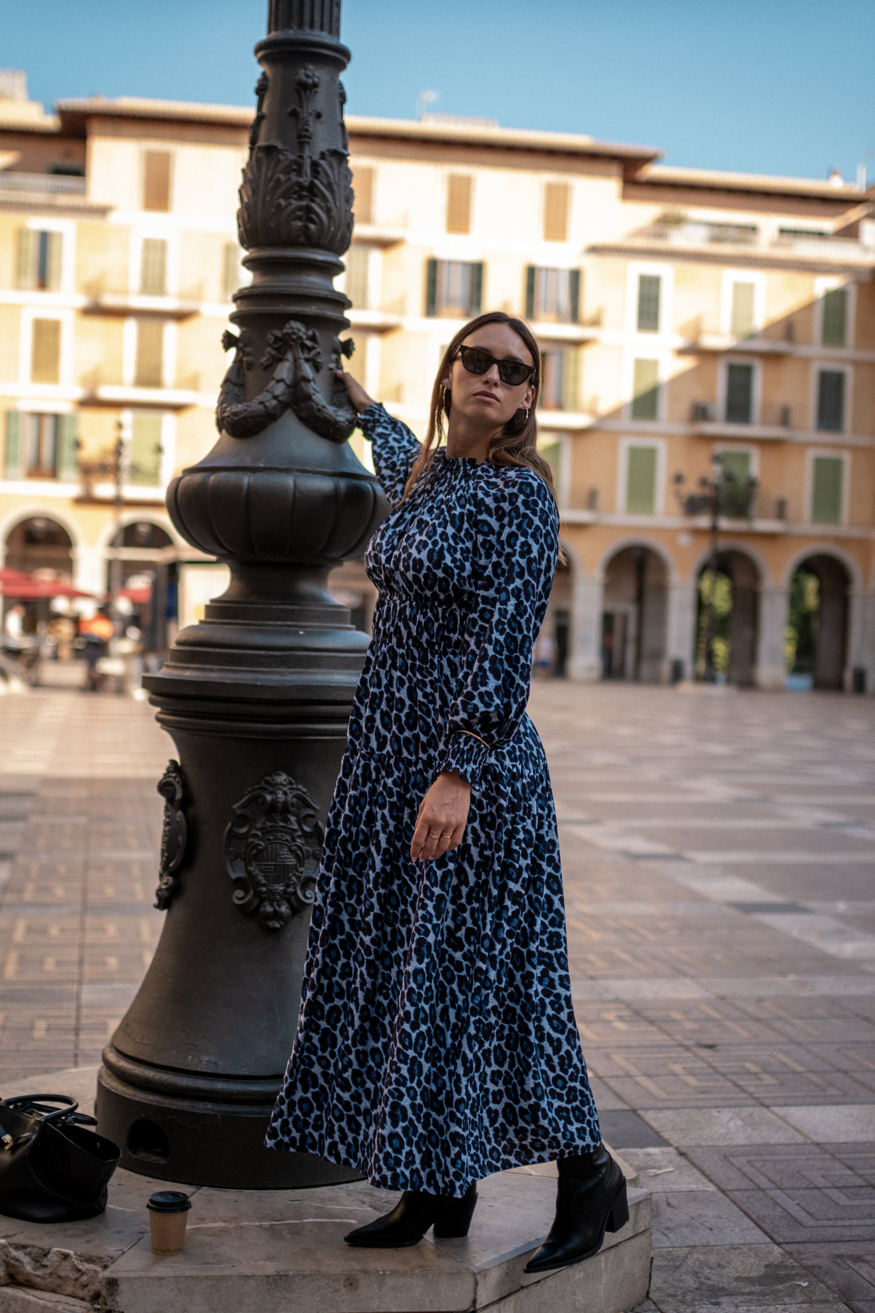 Blue Animal Print Shirred High Neck Maxi Dress